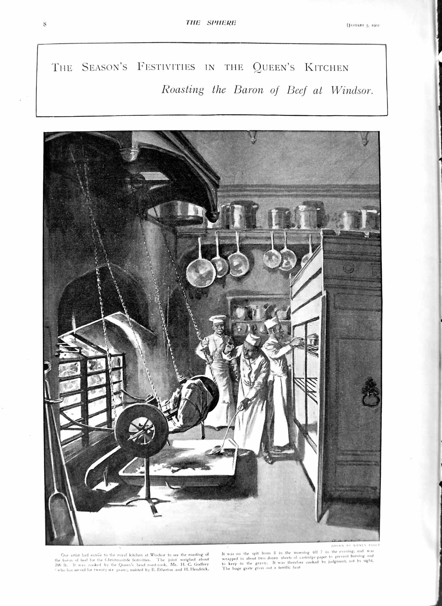 Old Antique Print 1901 Roasting Beef Windsor Kitchen Sandgate Capricorno 20th