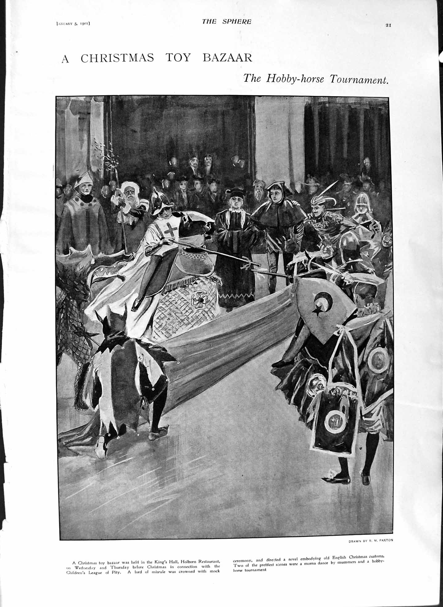 Original Old Antique Print 1901 Hobby Horse Tournament Holborn Garrick Theatre