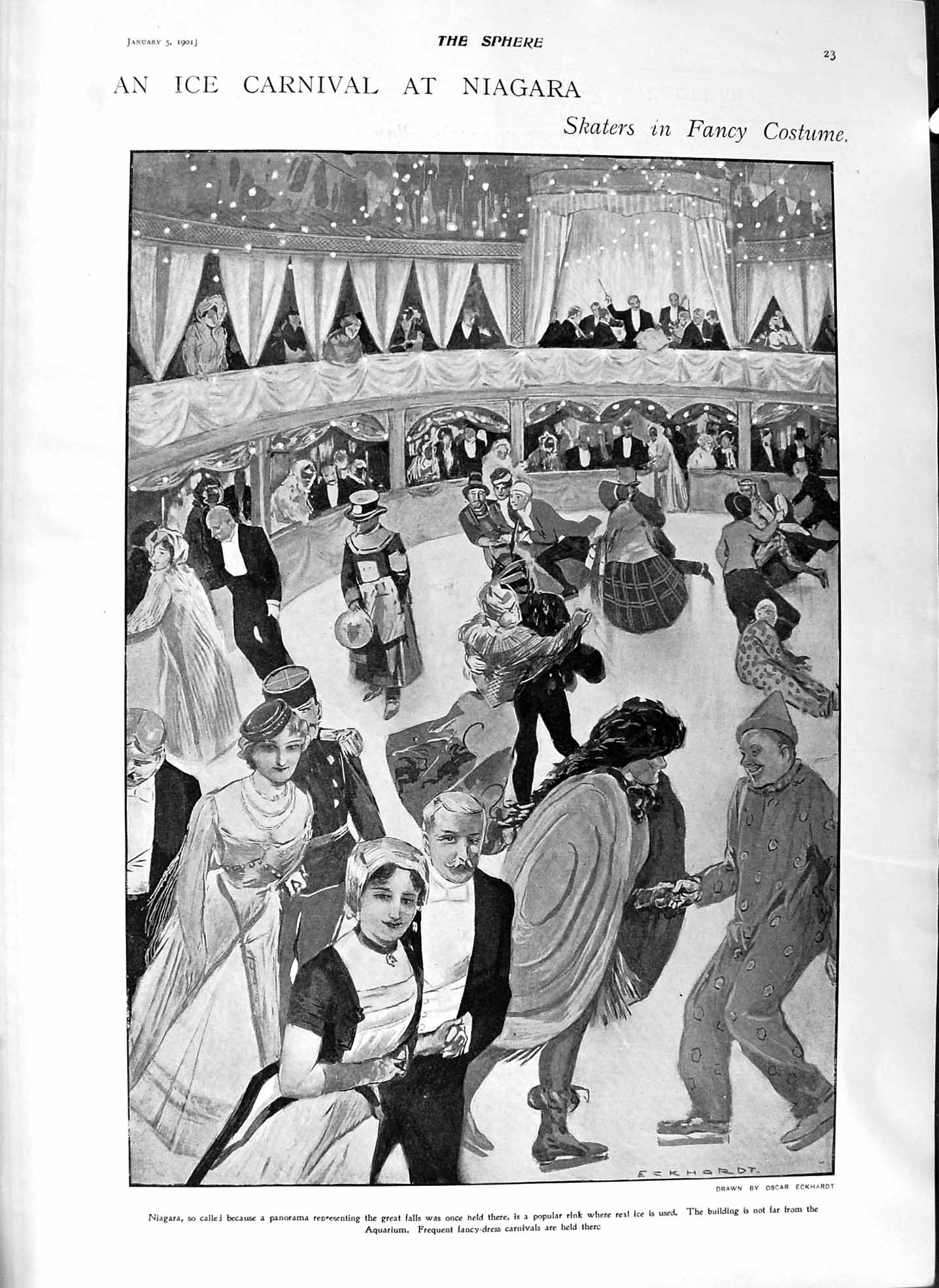 Original Old Antique Print 1901 Ice Carnival Niagara Skaters Mrs Gaskell Author
