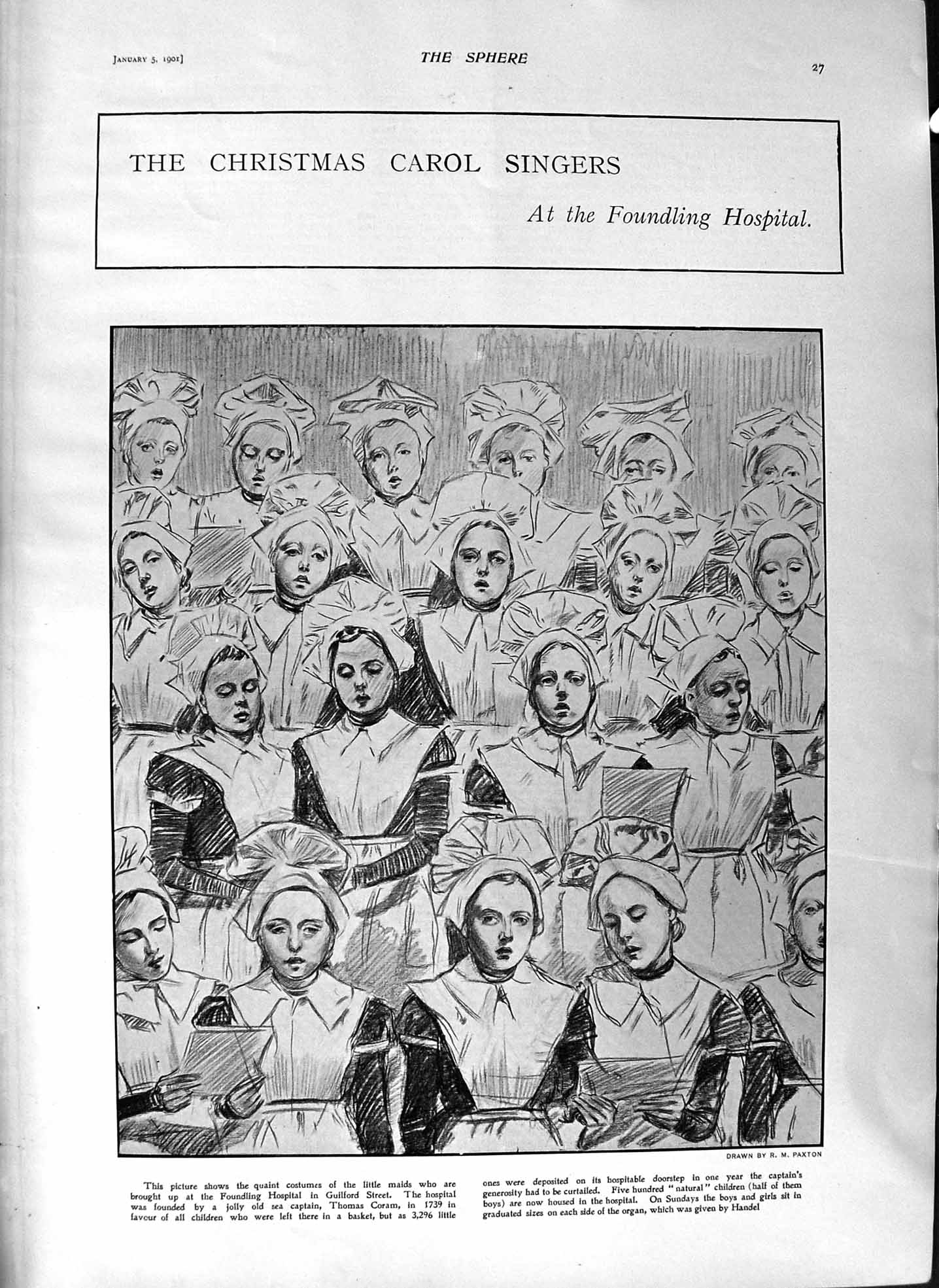 Original Old Antique Print 1901 Foundling Hospital Carol Singers Statue Pompeii