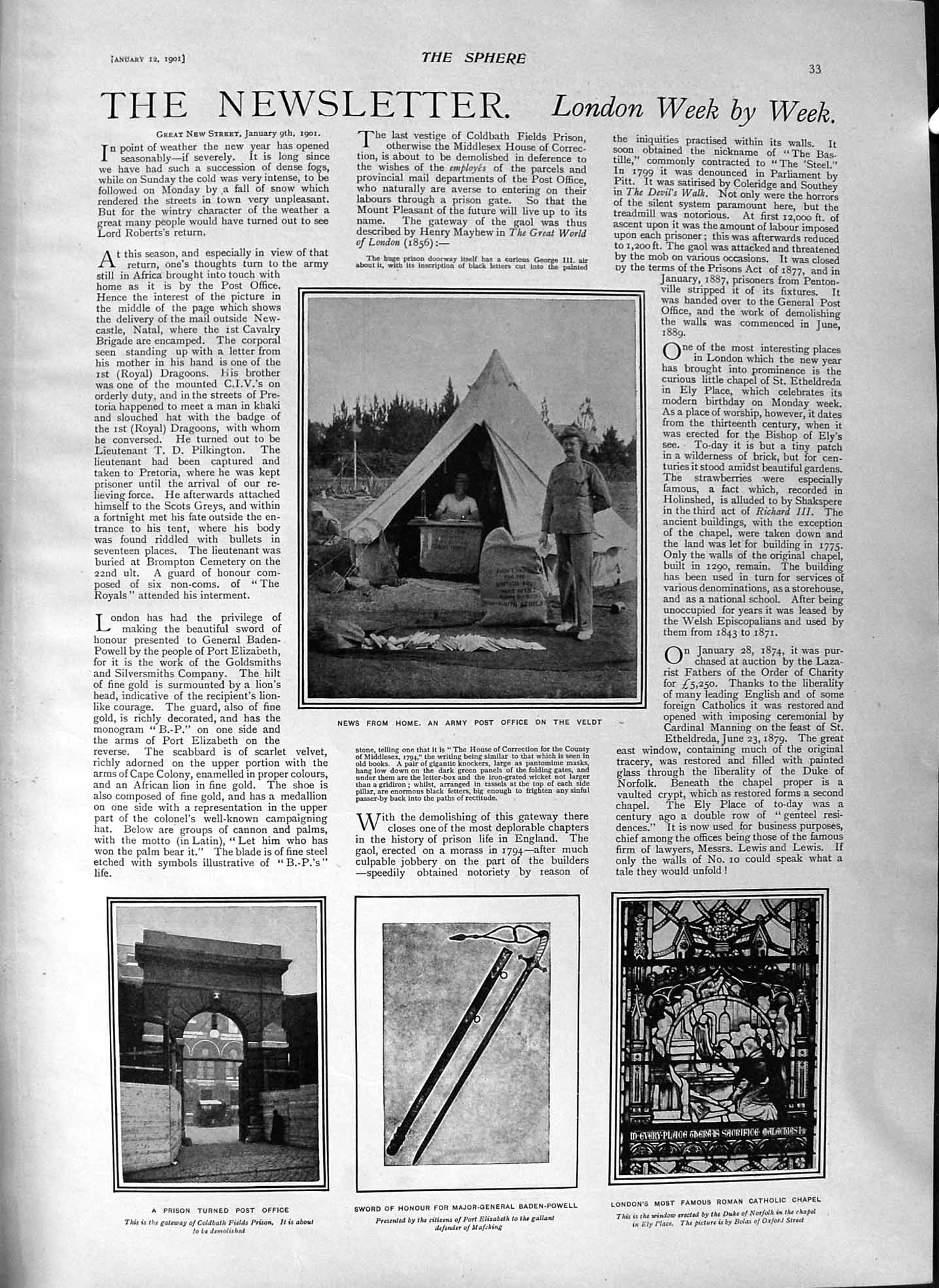 Old Antique Print 1901 Army Post Office Veldt Baden-Powell Floods Roberts 20th
