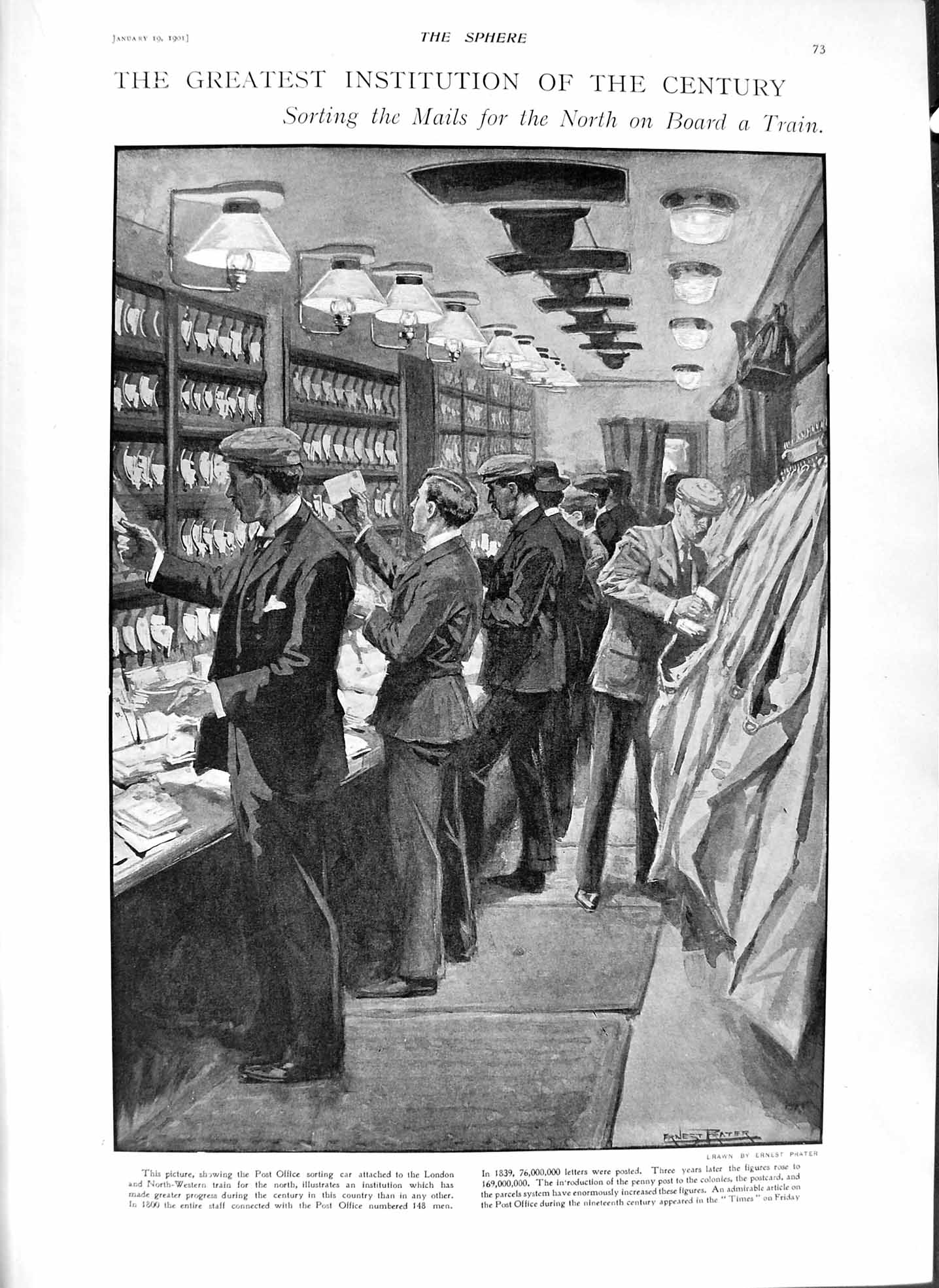 Old Antique Print 1901 Post Office Sorting Car Train Statue Faraday Wales 20th