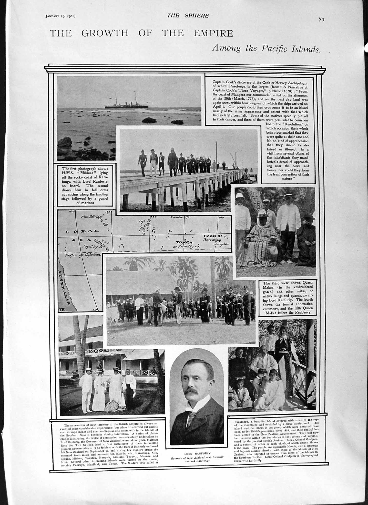 Old Antique Print 1901 Pacific Mildura Ship Ranfurly Makea Byron Statue 20th