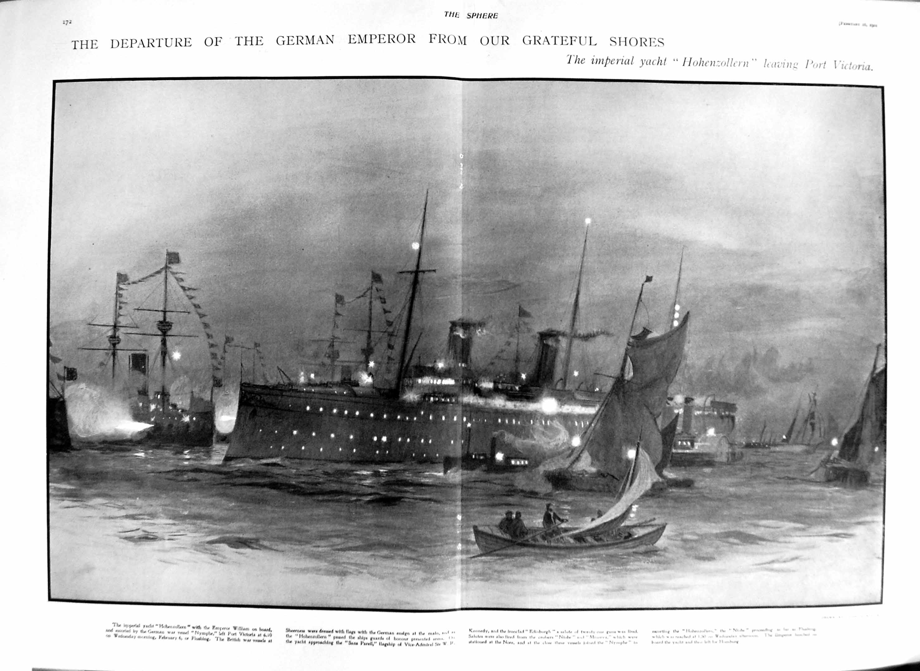Original Old Antique Print 1901 German Emperor Ship Hohenzollern Port Victoria