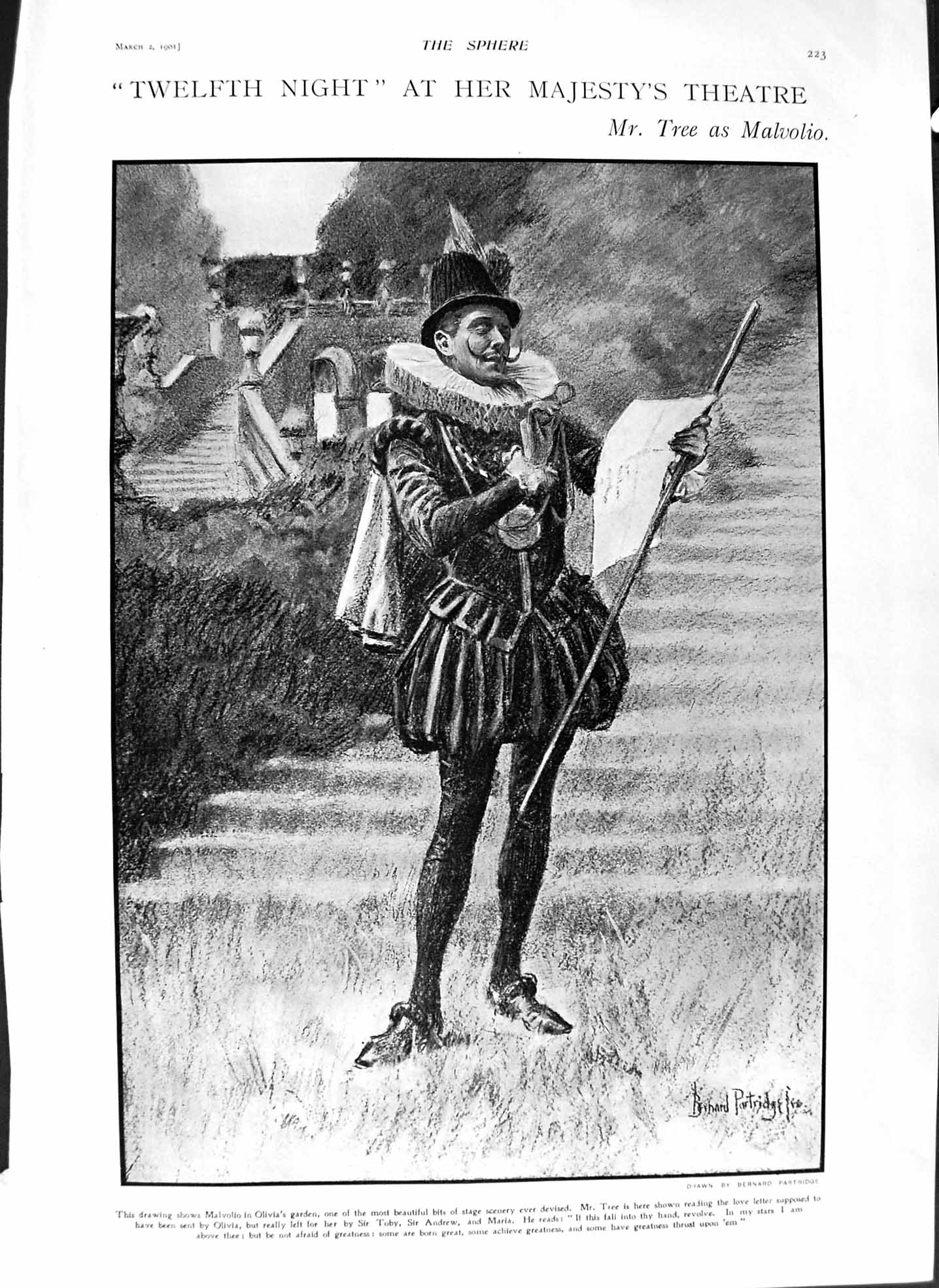 Original Old Antique Print 1901 Tree Malvolio Theatre Twelfth Lina Duff Gordon
