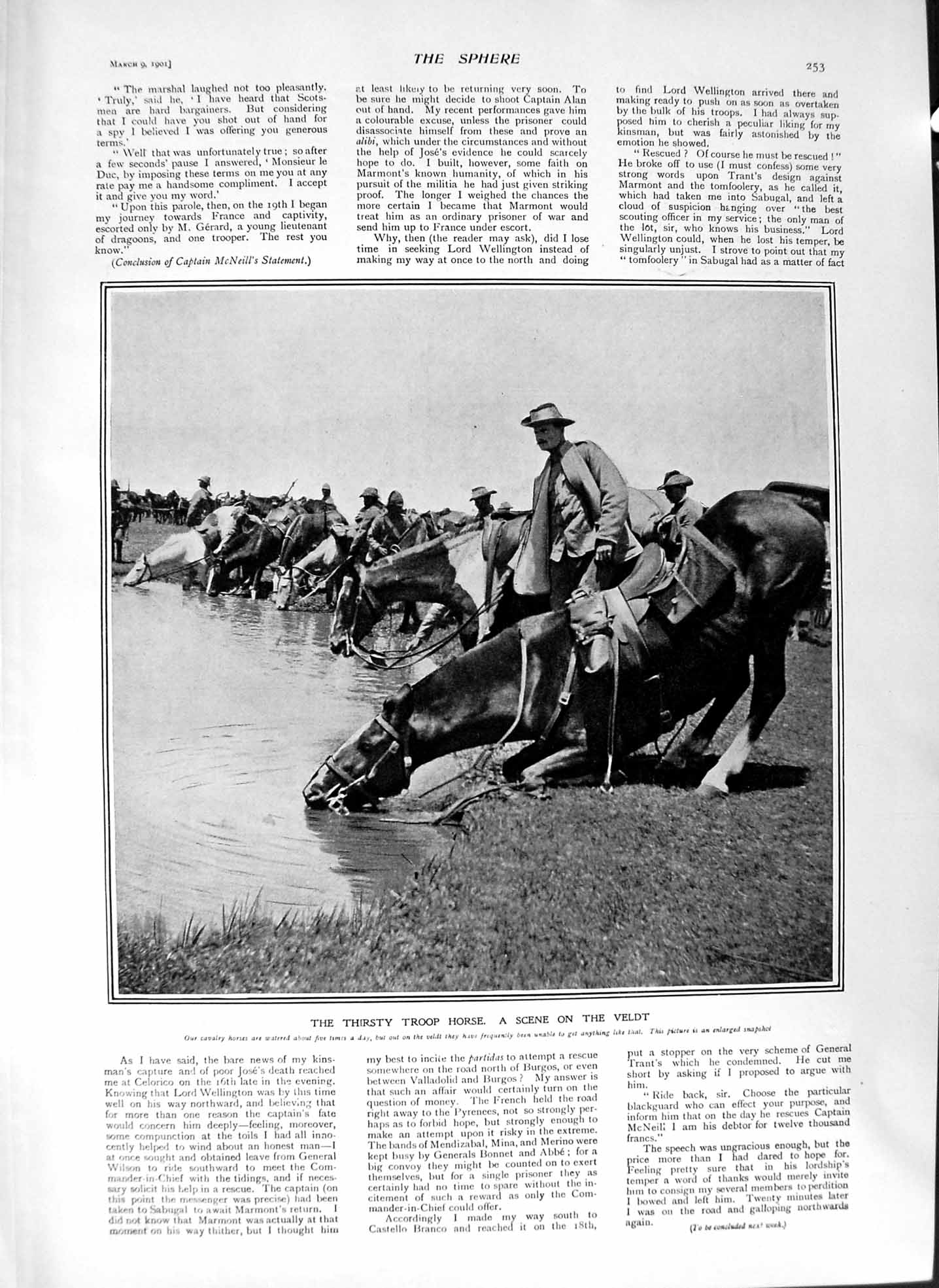 Original Old Antique Print 1901 Troop Horse Veldt Drinking River Boote Ebbsmith