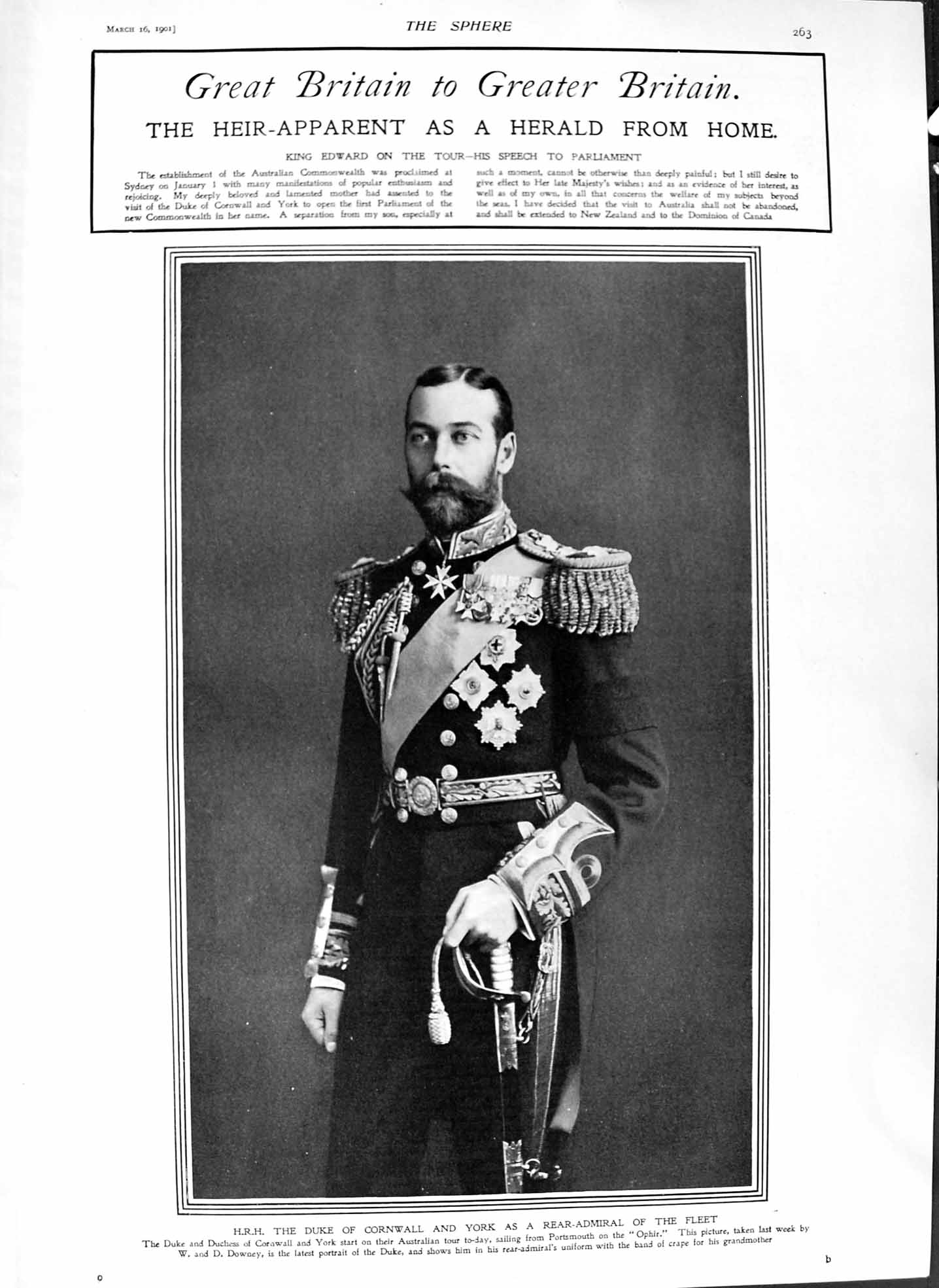 Original Old Antique Print 1901 Portrait Duke Cornwall York Rear-Admiral 20th