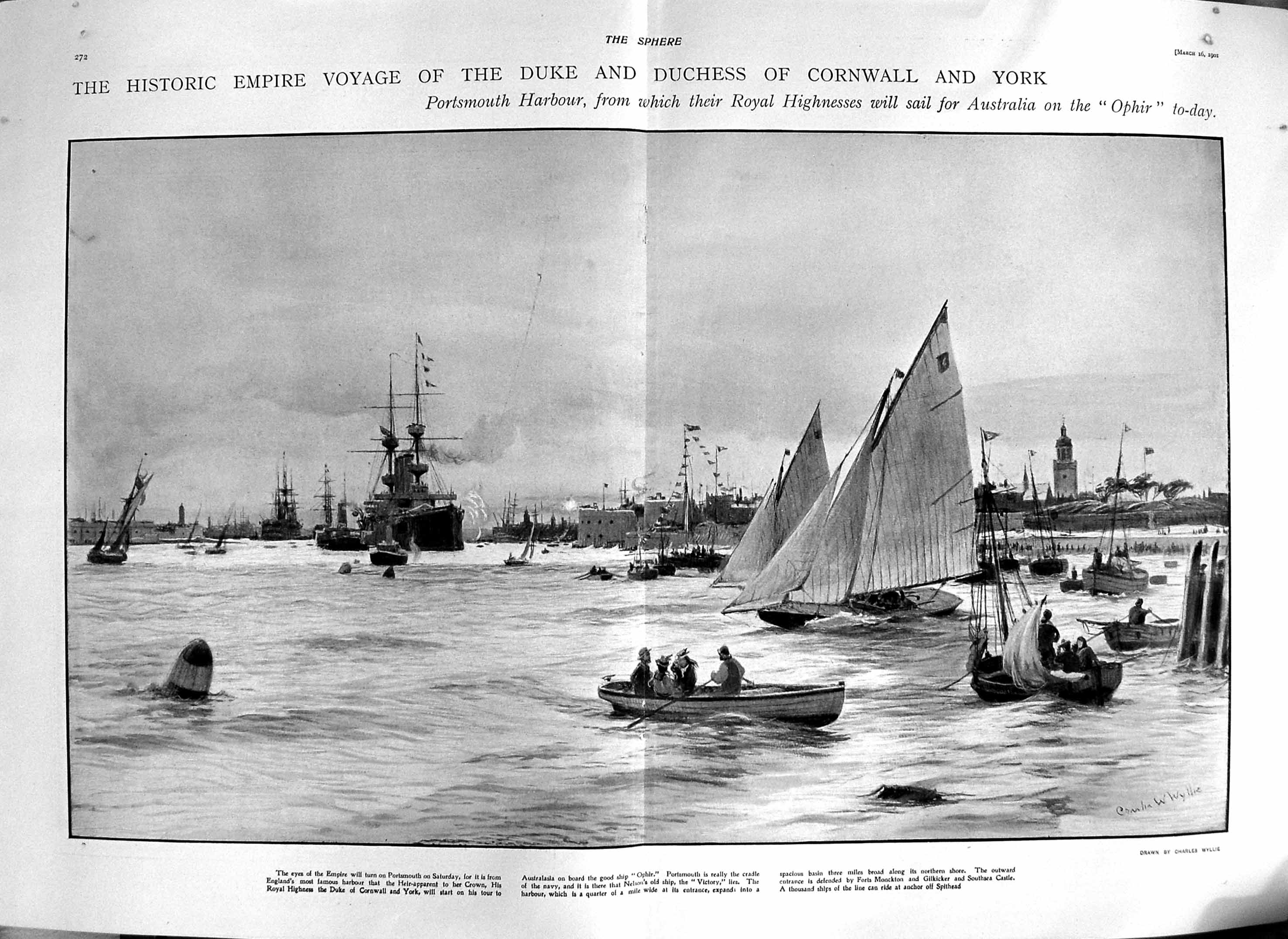 Old Antique Print 1901 Duke Cornwall York Portsmouth Harbour Ophir Ship 20th
