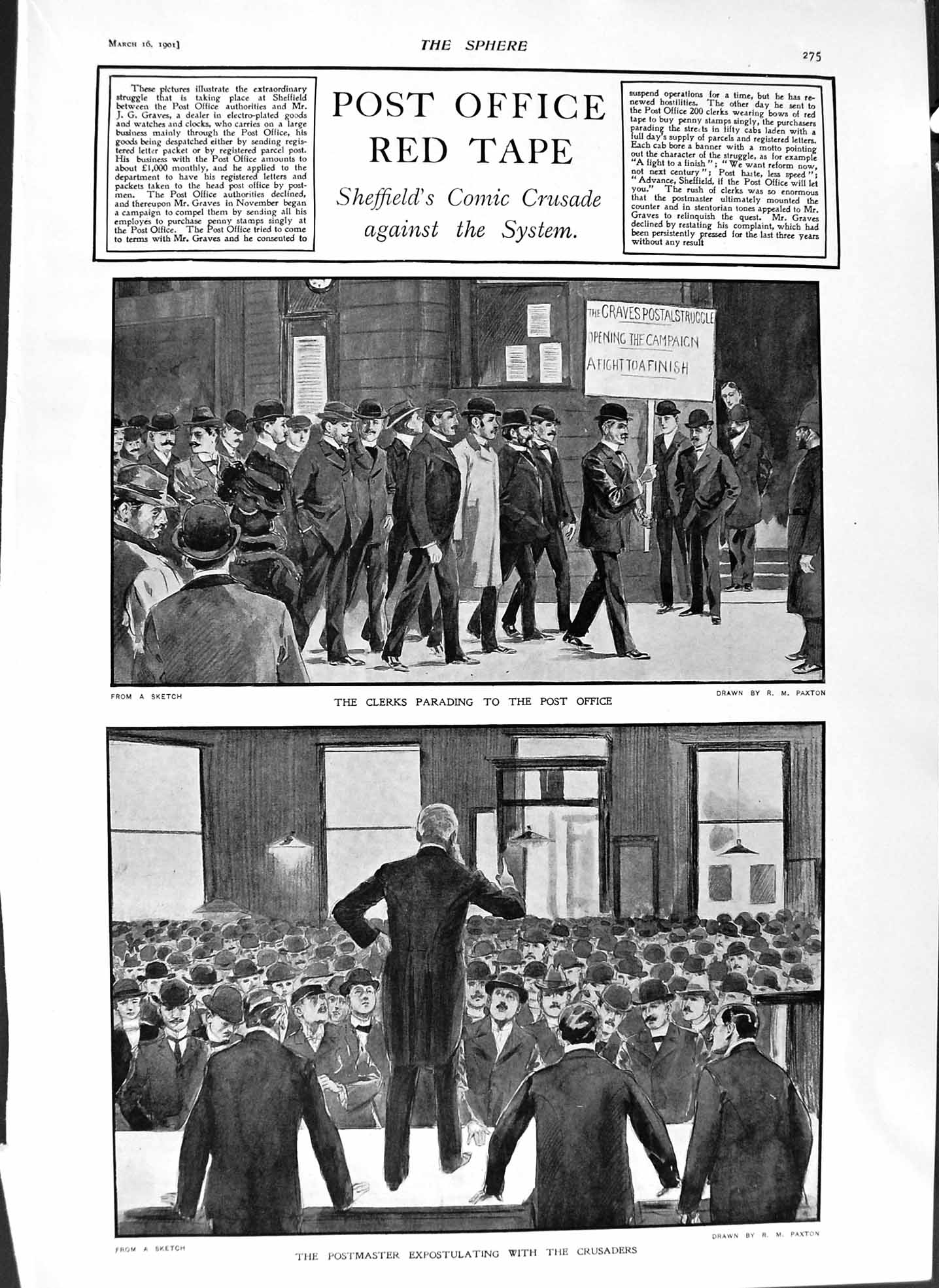 Original Old Antique Print 1901 Post Office Sheffield Comic Crusade Postmaster