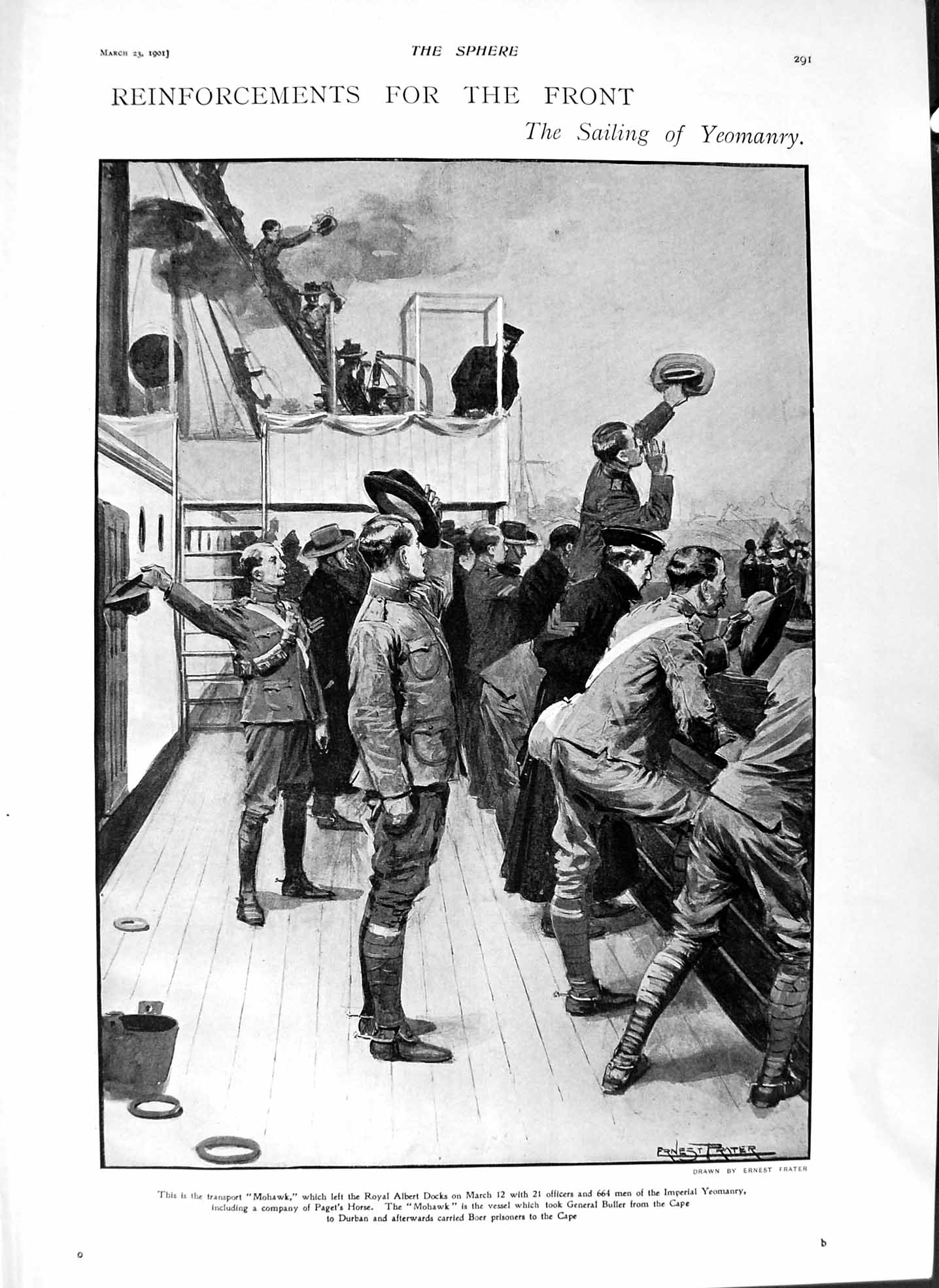 Original Old Antique Print 1901 Sailing Yeomanry Mohawk Ship Dundonald War Dog