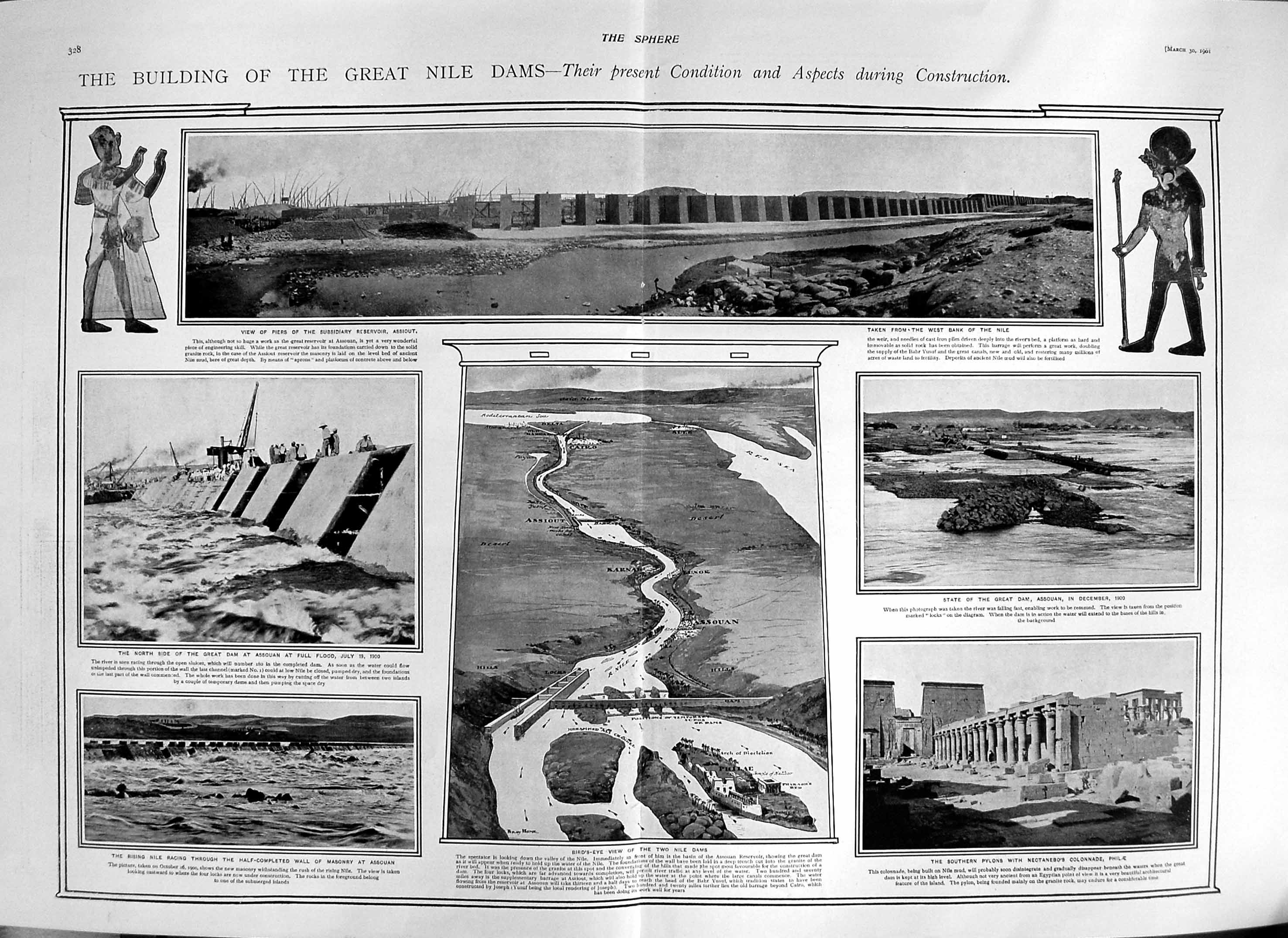 Old Antique Print 1901 Great Nile Dams Assouan Egypt Nectanebo Colannade 20th