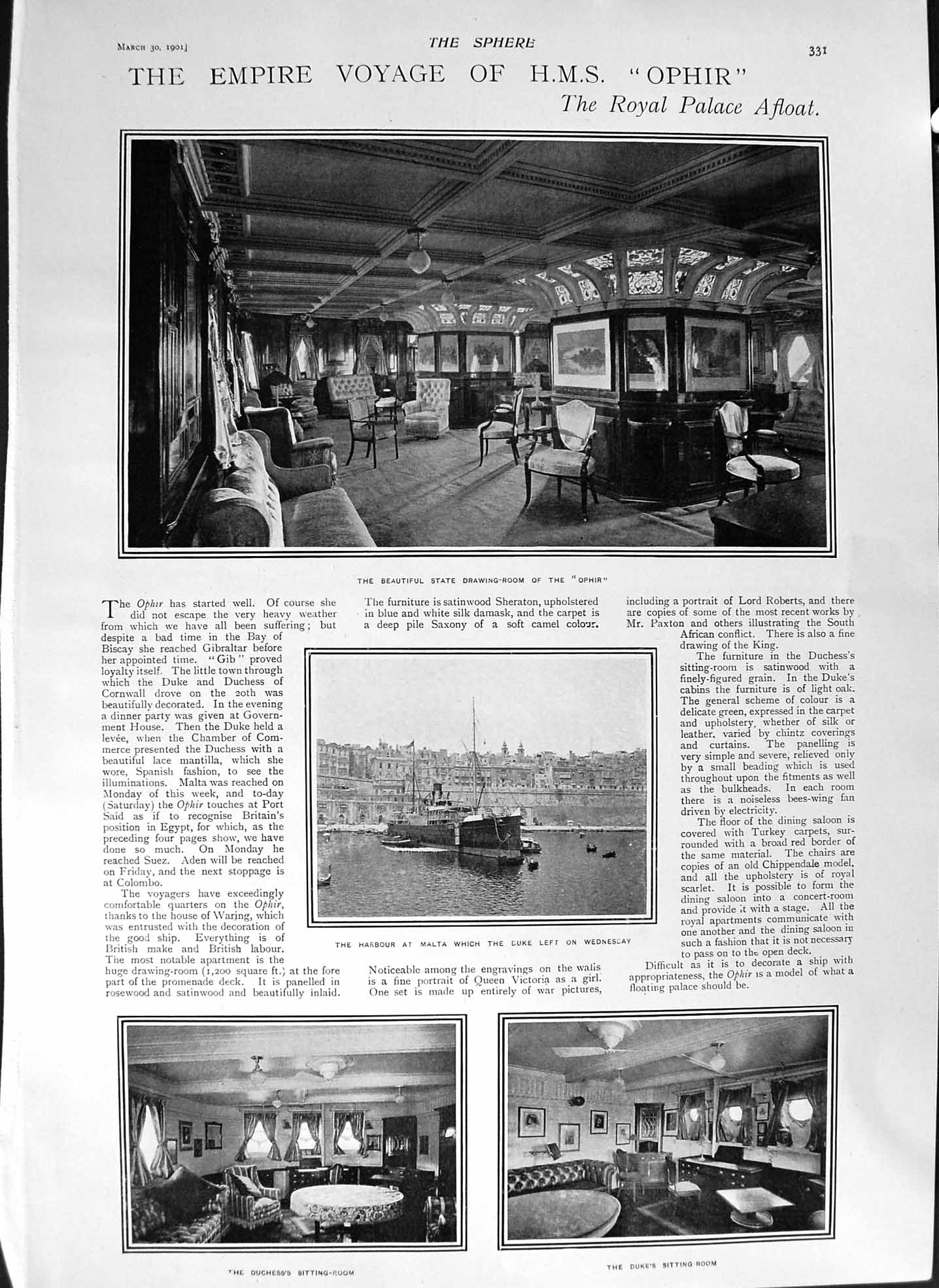 Old Antique Print 1901 Ship Ophir Malta Harbour Dainton Theatre Hawtrey 20th