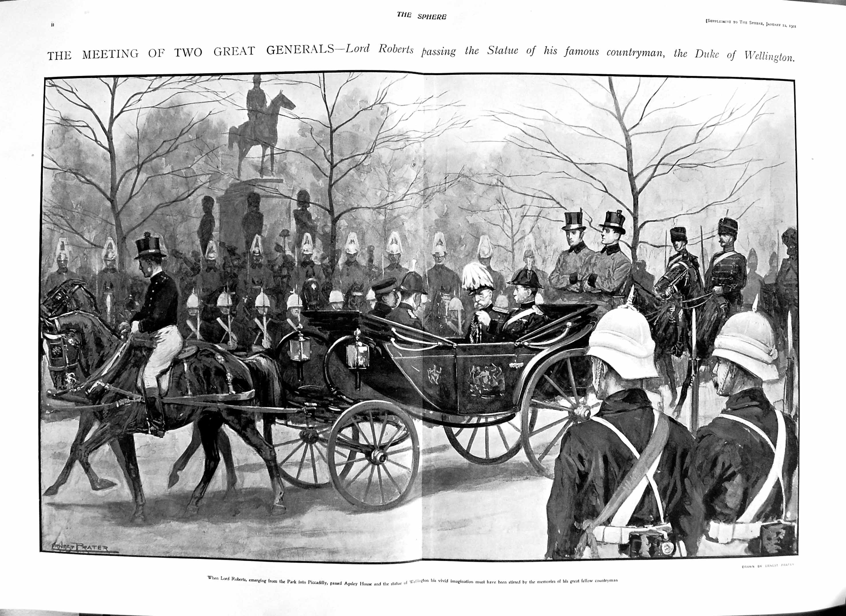 Original Old Antique Print 1901 Lord Roberts Statue Duke Wellington Piccadilly