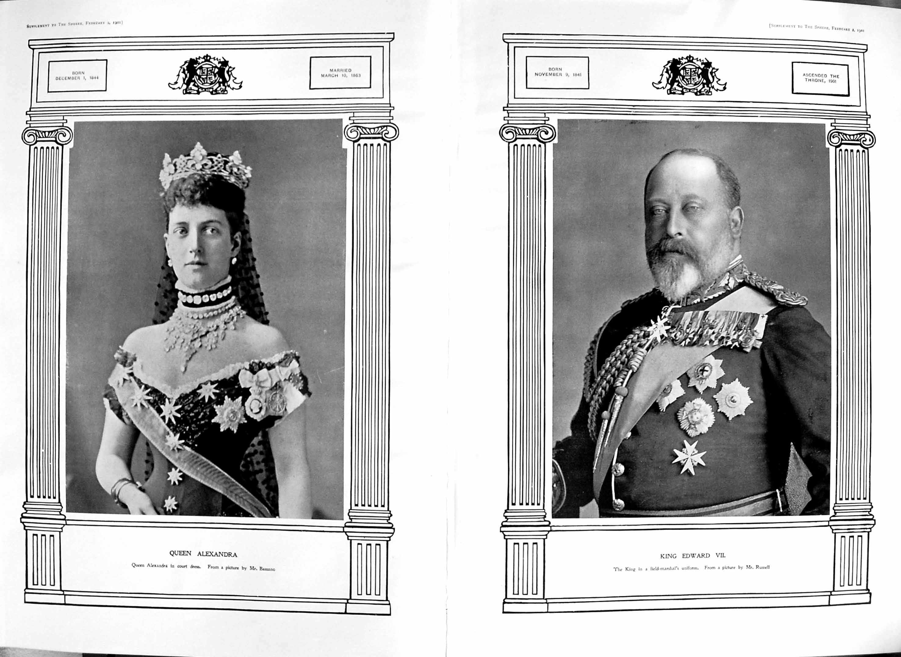 Old Antique Print 1901 Portrait King Edward Queen Alexandra Court Dress 20th