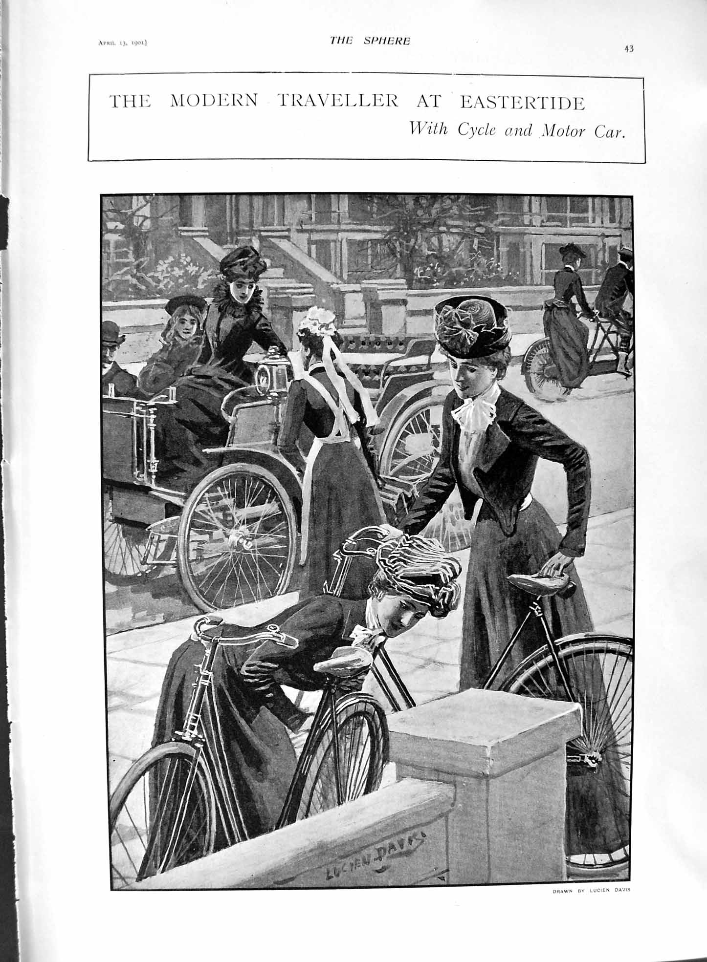 Original Old Antique Print 1901 Transport Cycle Motor Car Lucien Davies 20th