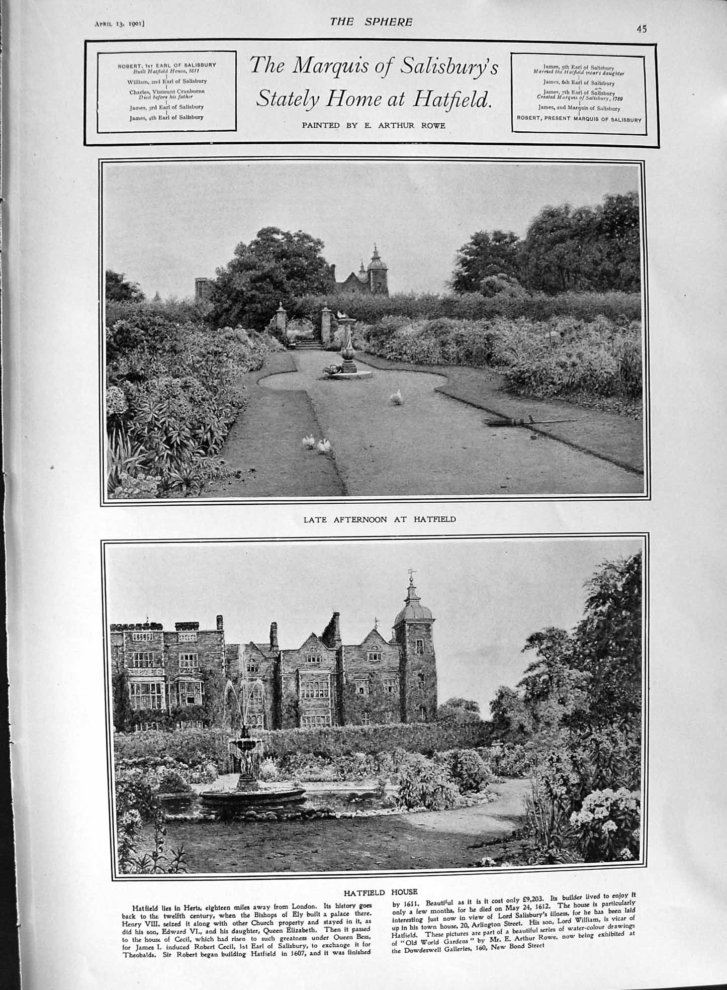Old Antique Print 1901 Hatfield Salisbury Moreton Churchill Travers Weld 20th
