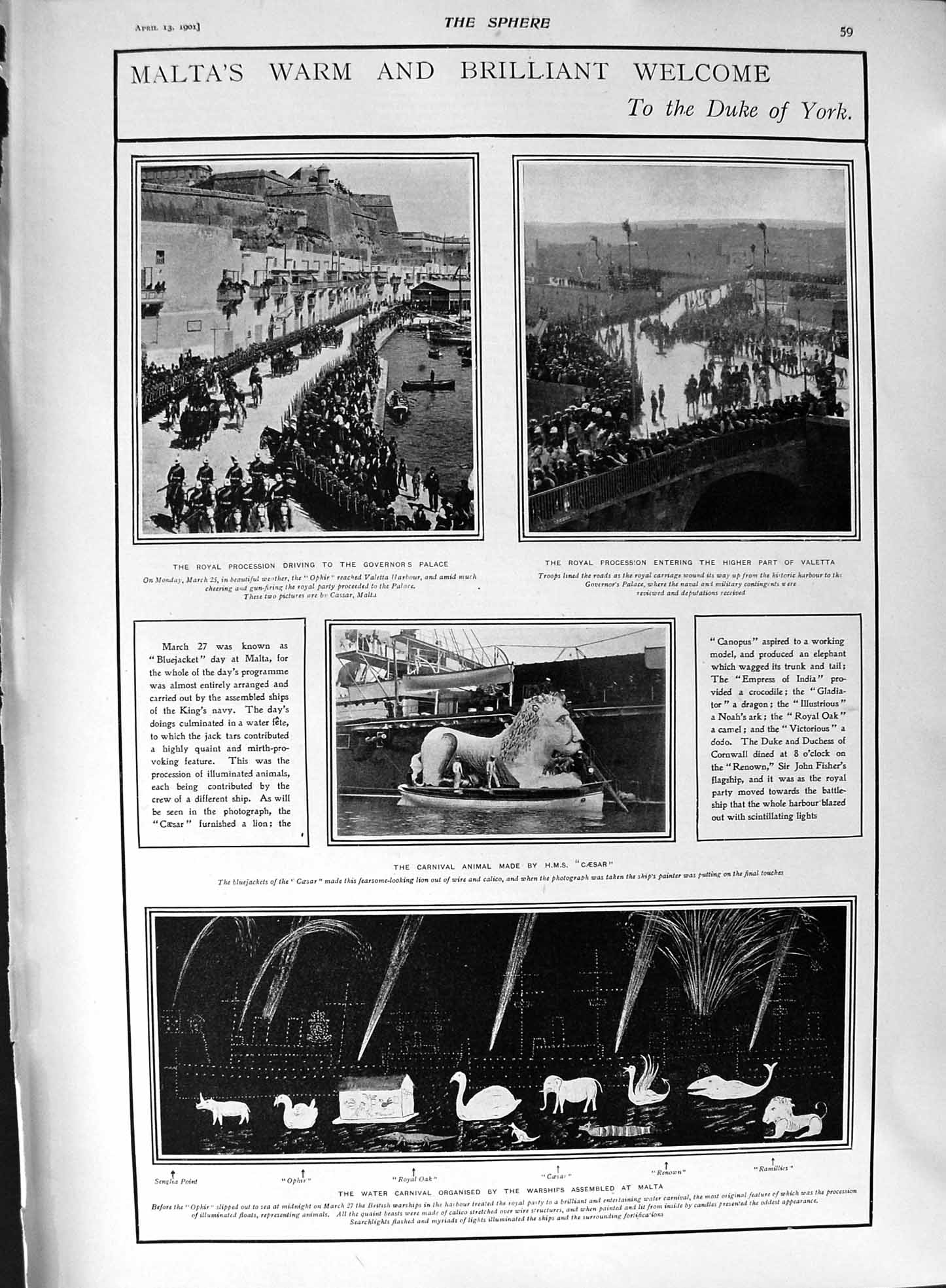 Old Antique Print 1901 Malta Duke York Water Carnival Valetta Caesar Ship 20th