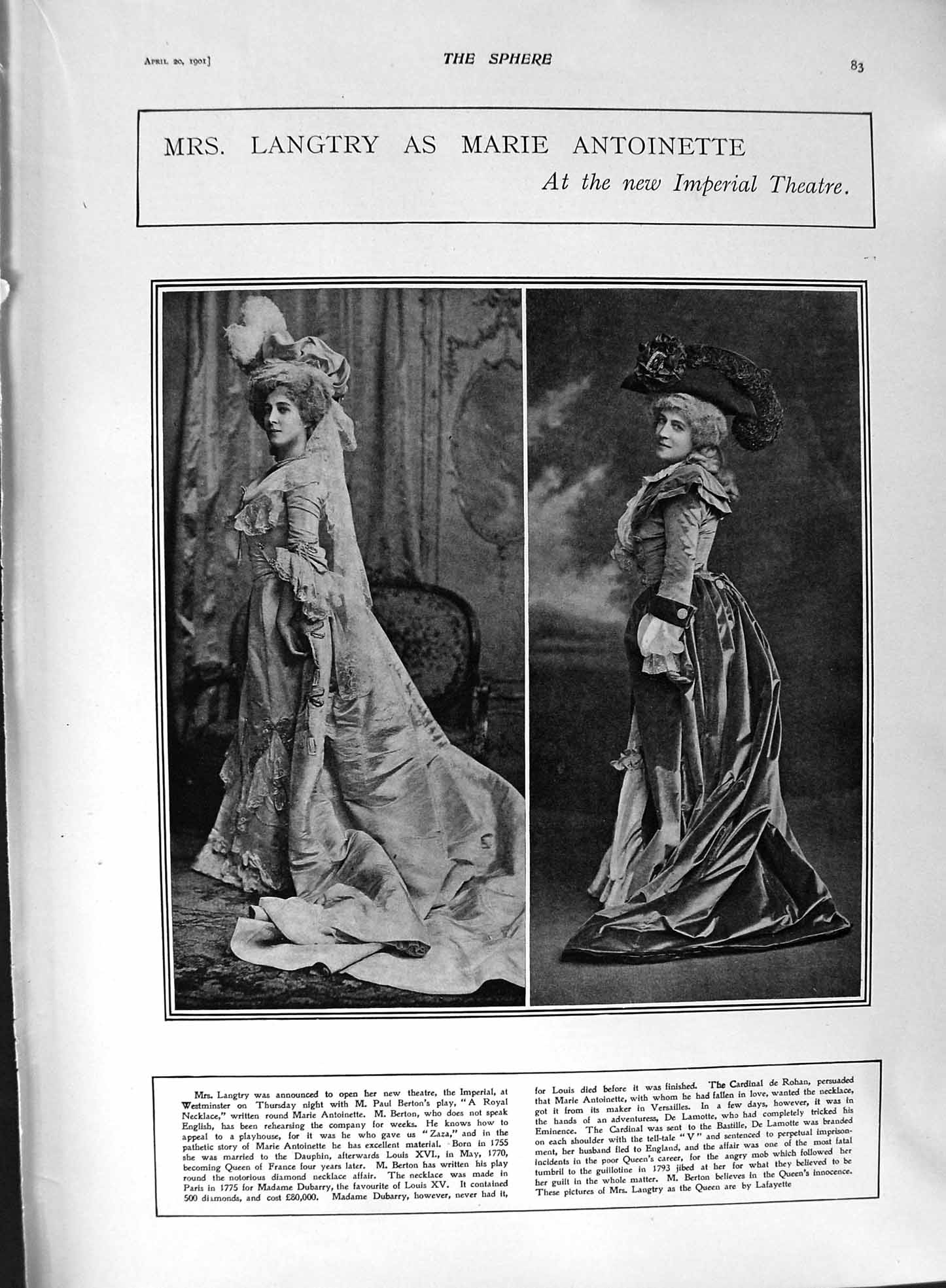Old Antique Print 1901 Langtry Antoinette Theatre Shakspere First Folio 20th