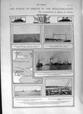 Original Old Antique Print 1901 War Ships Malta Bizerta Light-Heat Treatment