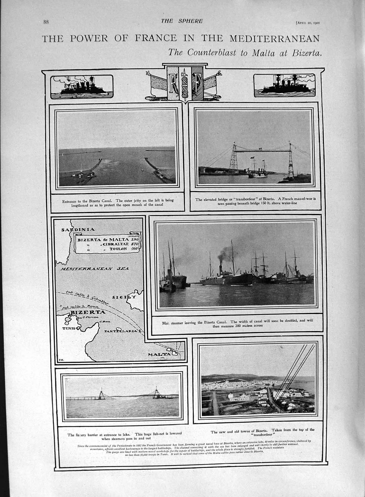 Original Old Antique Print 1901 War Ships Malta Bizerta Light-Heat Treatment