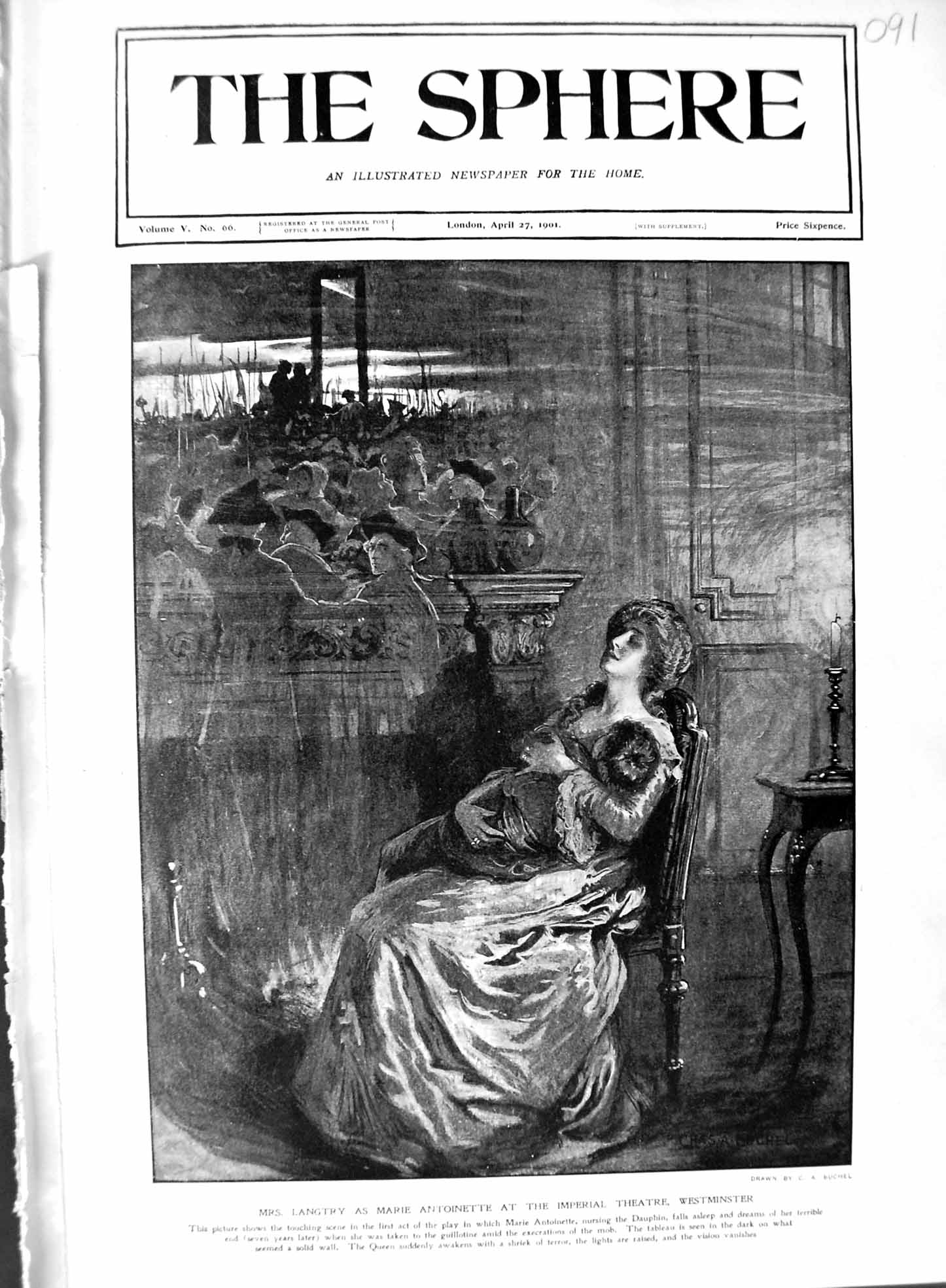 Old Antique Print 1901 Mrs Langtry Marie Antoinette Theatre Westminster 20th
