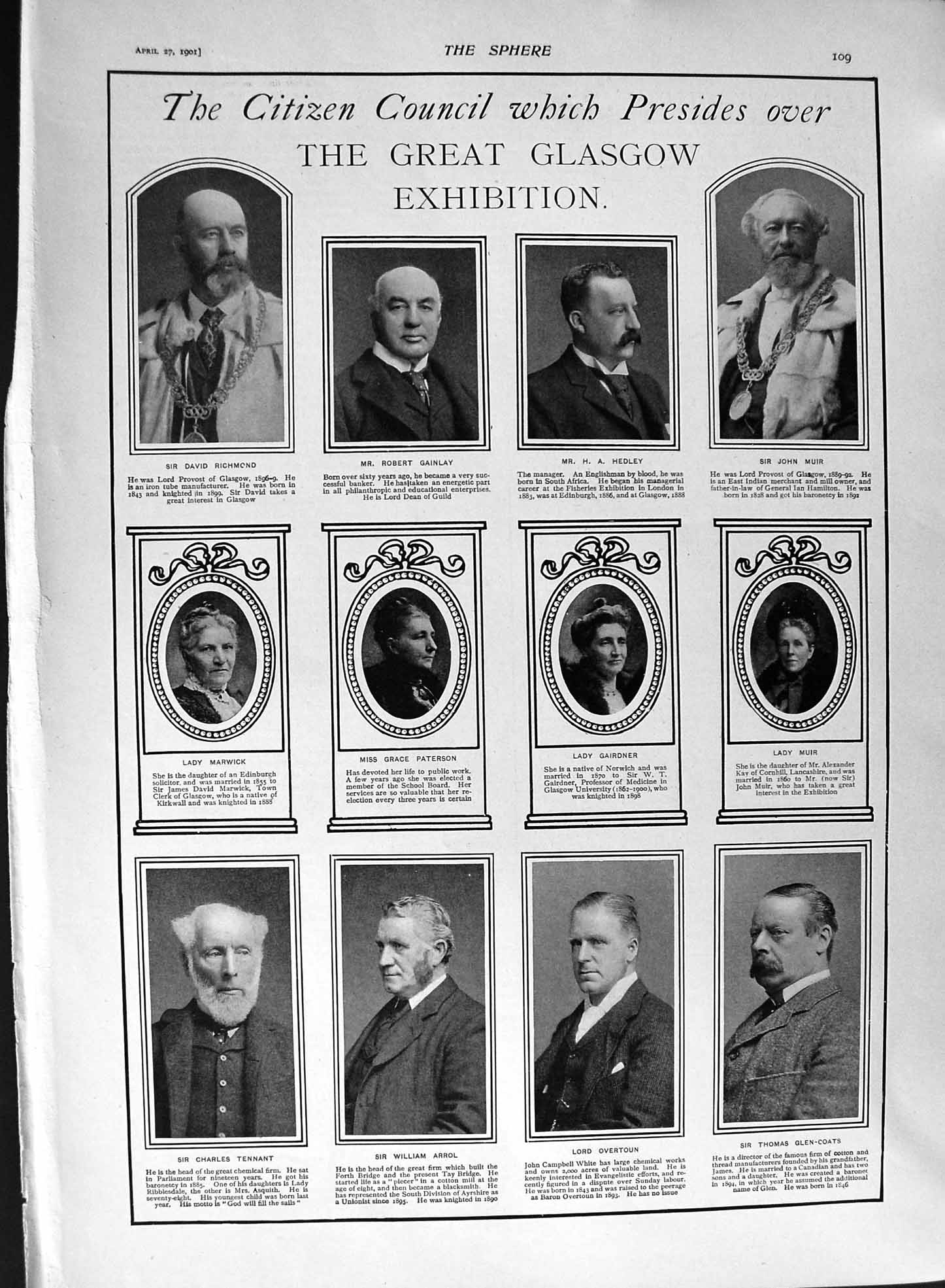 Old Antique Print 1901 Glasgow Gainlay Paterson Arrol Muir Monument Donne 20th