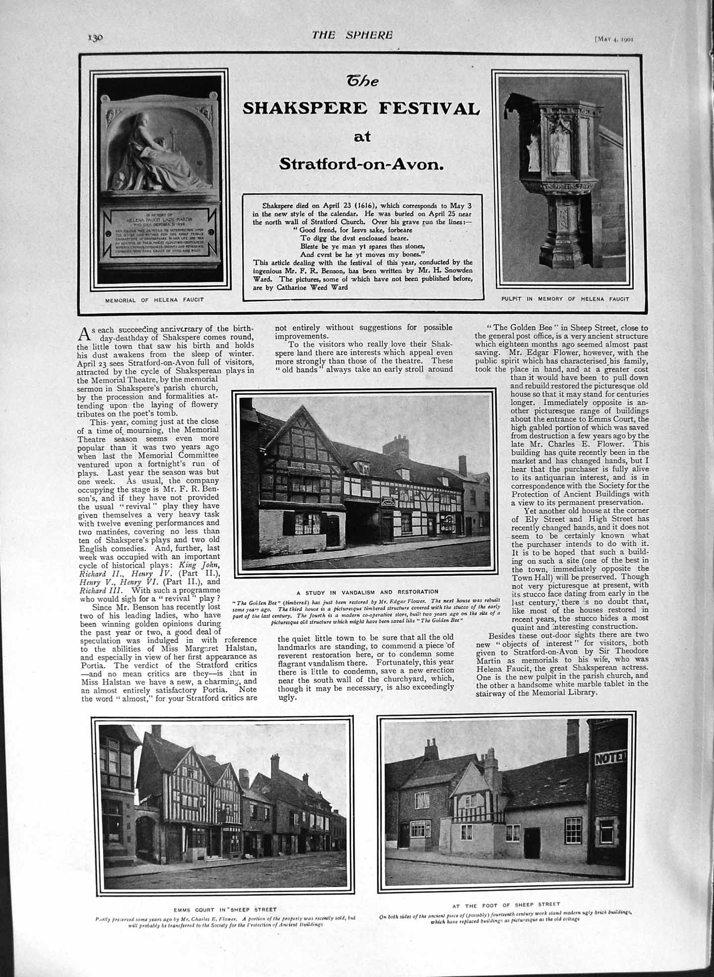 Old Antique Print 1901 Shakspere Stratford-On-Avon Helena Faucit London 20th