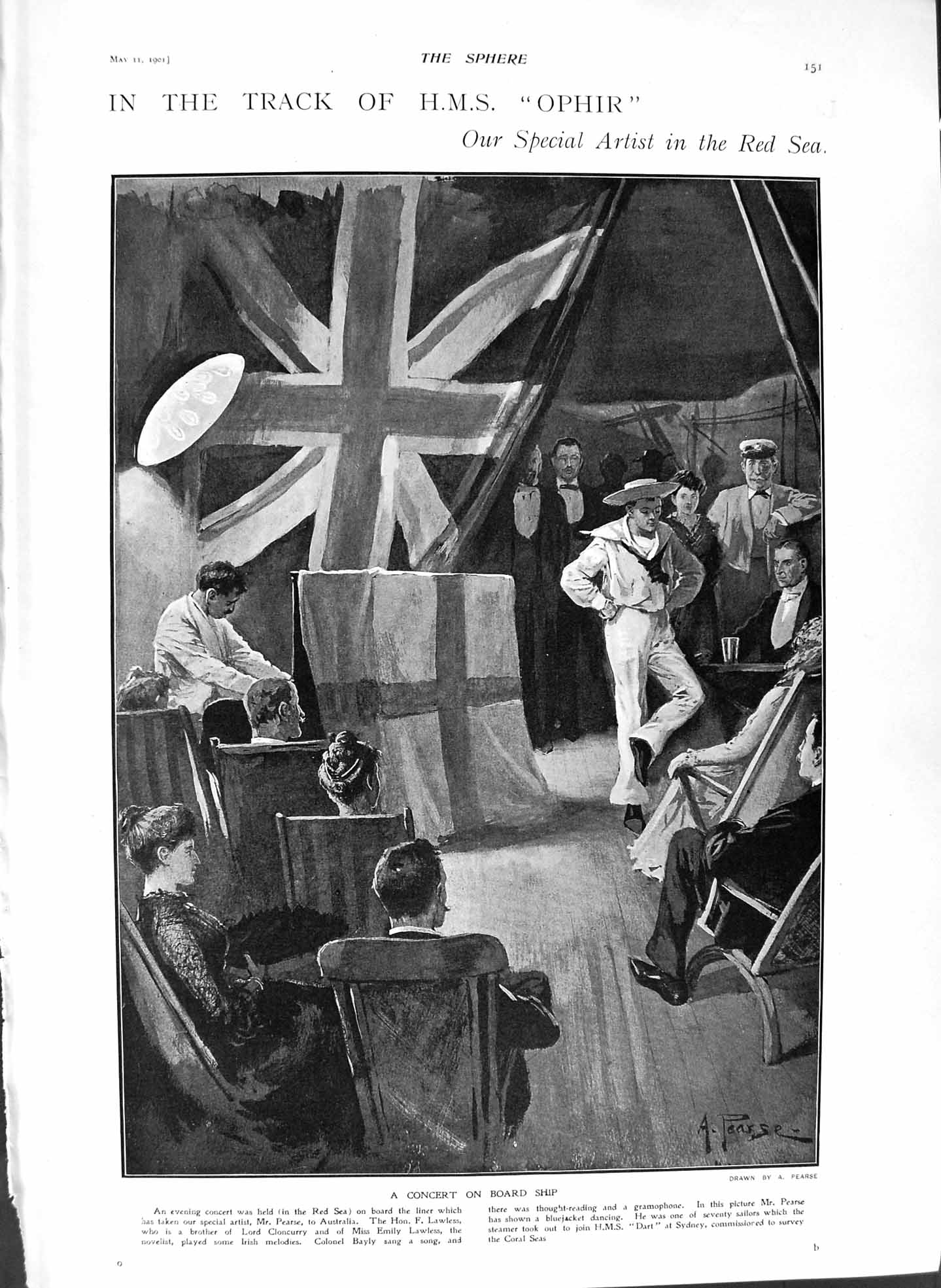 Original Old Antique Print 1901 Concert War Ship Ophir Orange River Bethulie