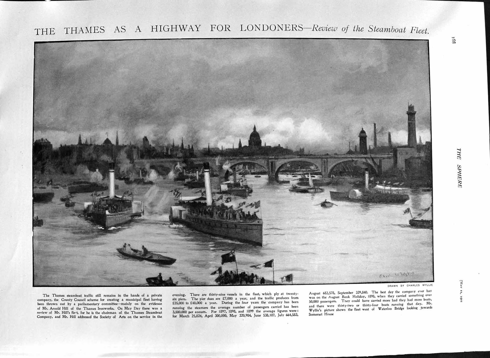 Old Antique Print 1901 River Thames Steamboat Traffic Covent Garden Opera 20th