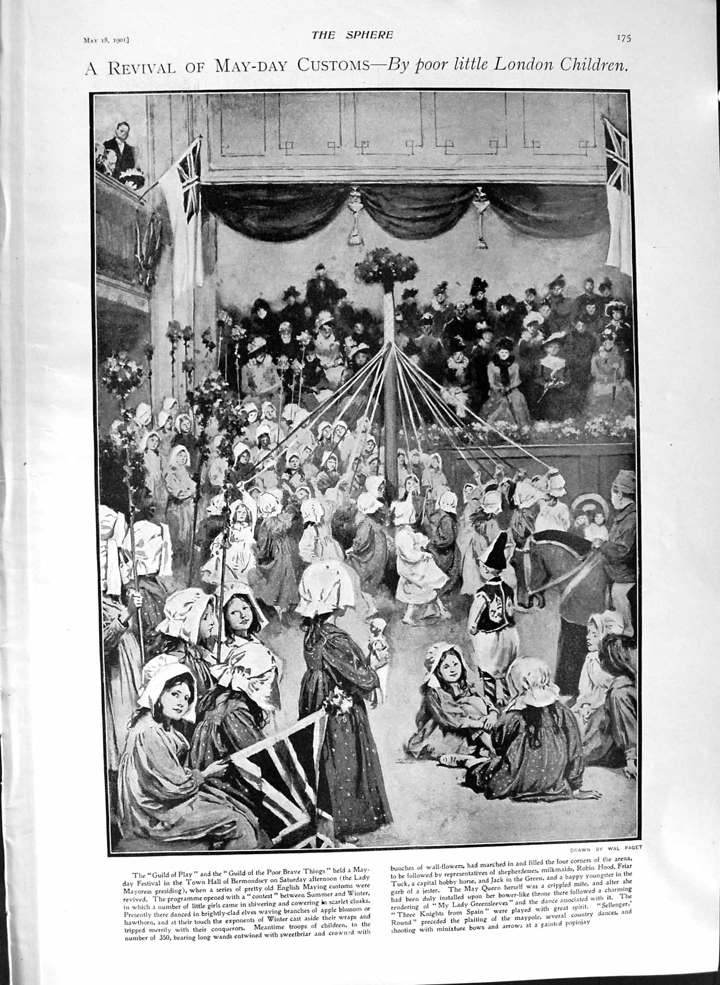 Old Antique Print 1901 London Children May Day Guild Play Lord Harris Gow 20th