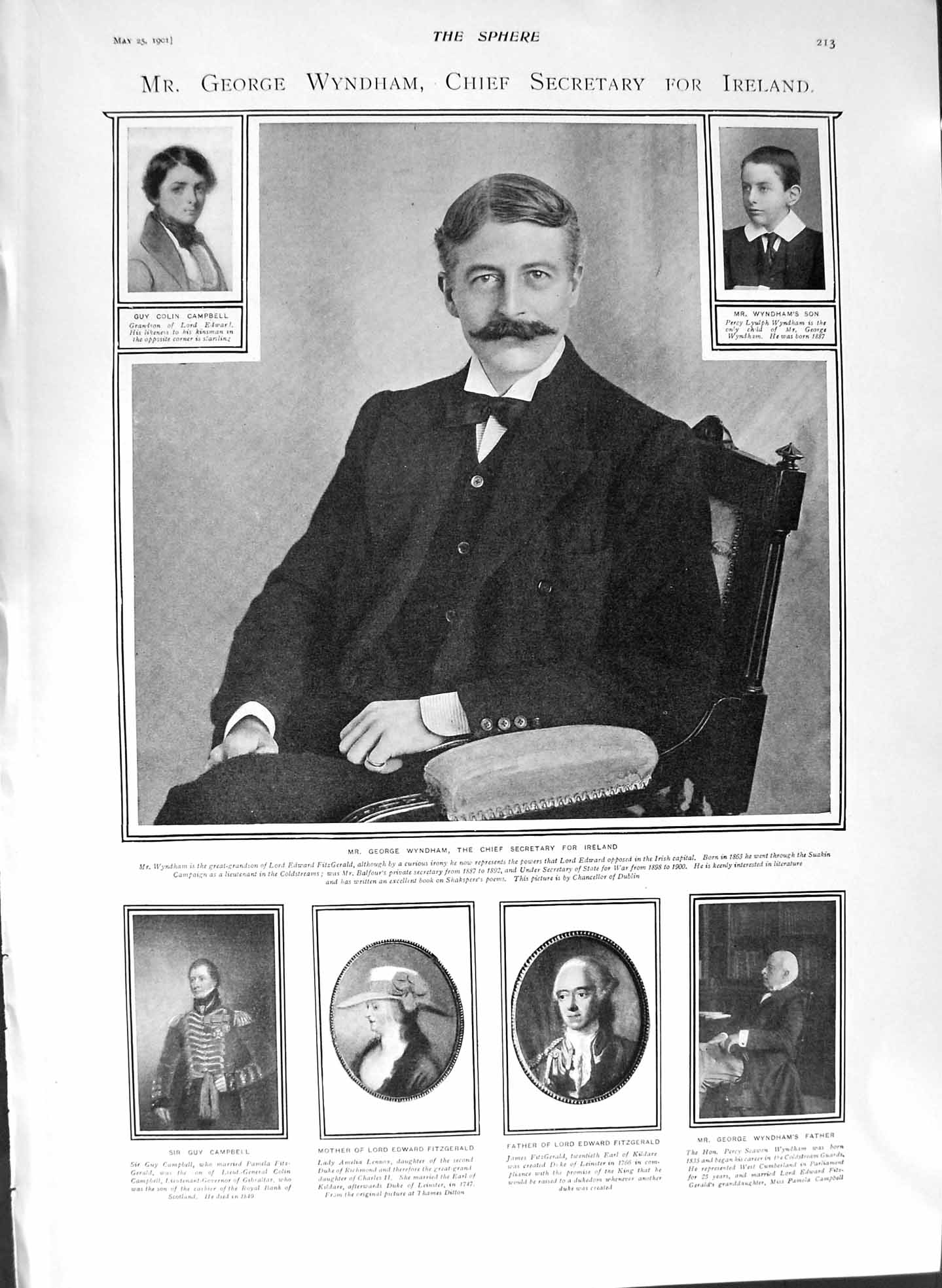 Original Old Antique Print 1901 George Wyndham Ireland Campbell Queen Victoria