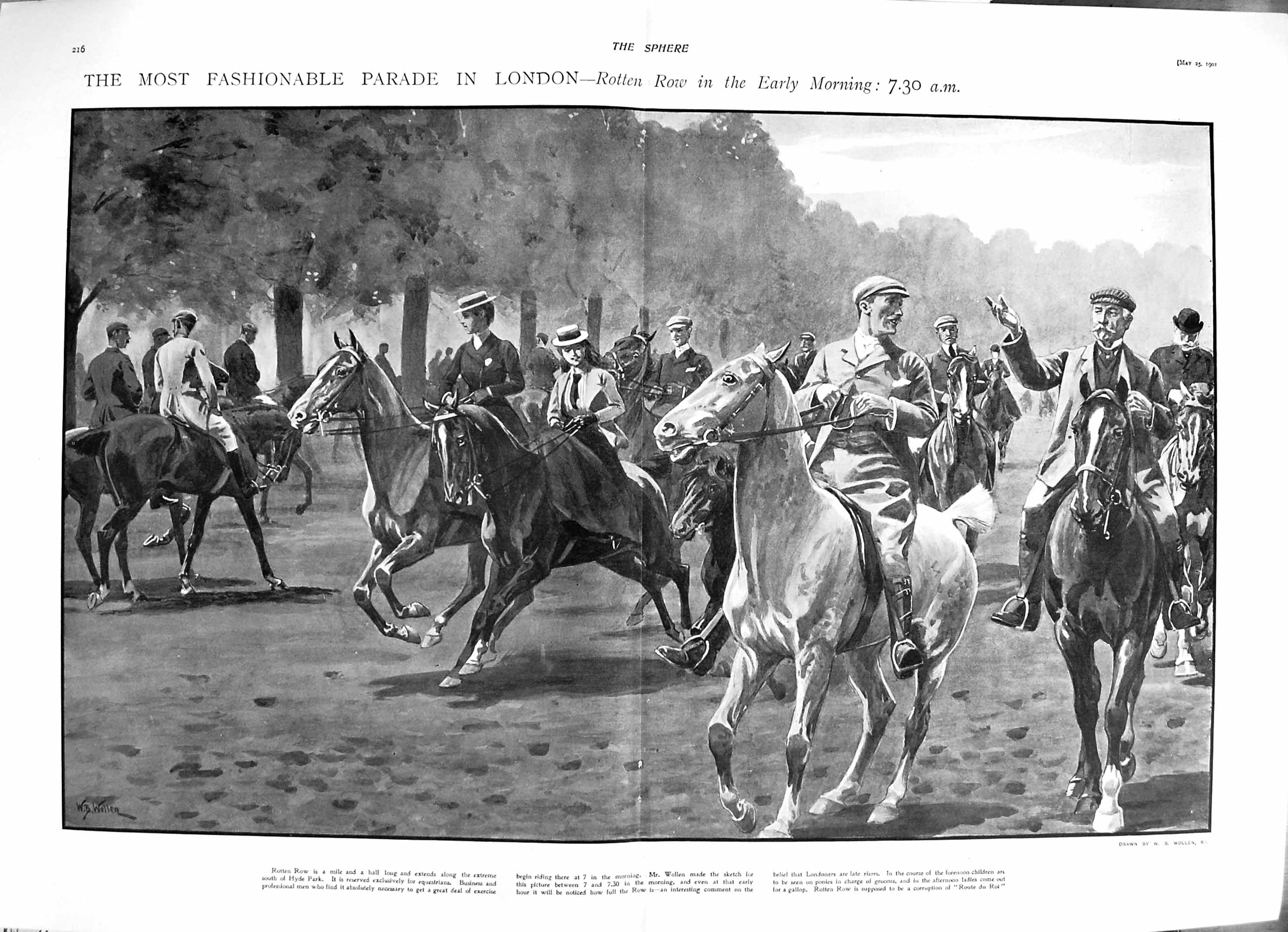 Original Old Antique Print 1901 Royal Academy Art Rotten Row Horses Woolen