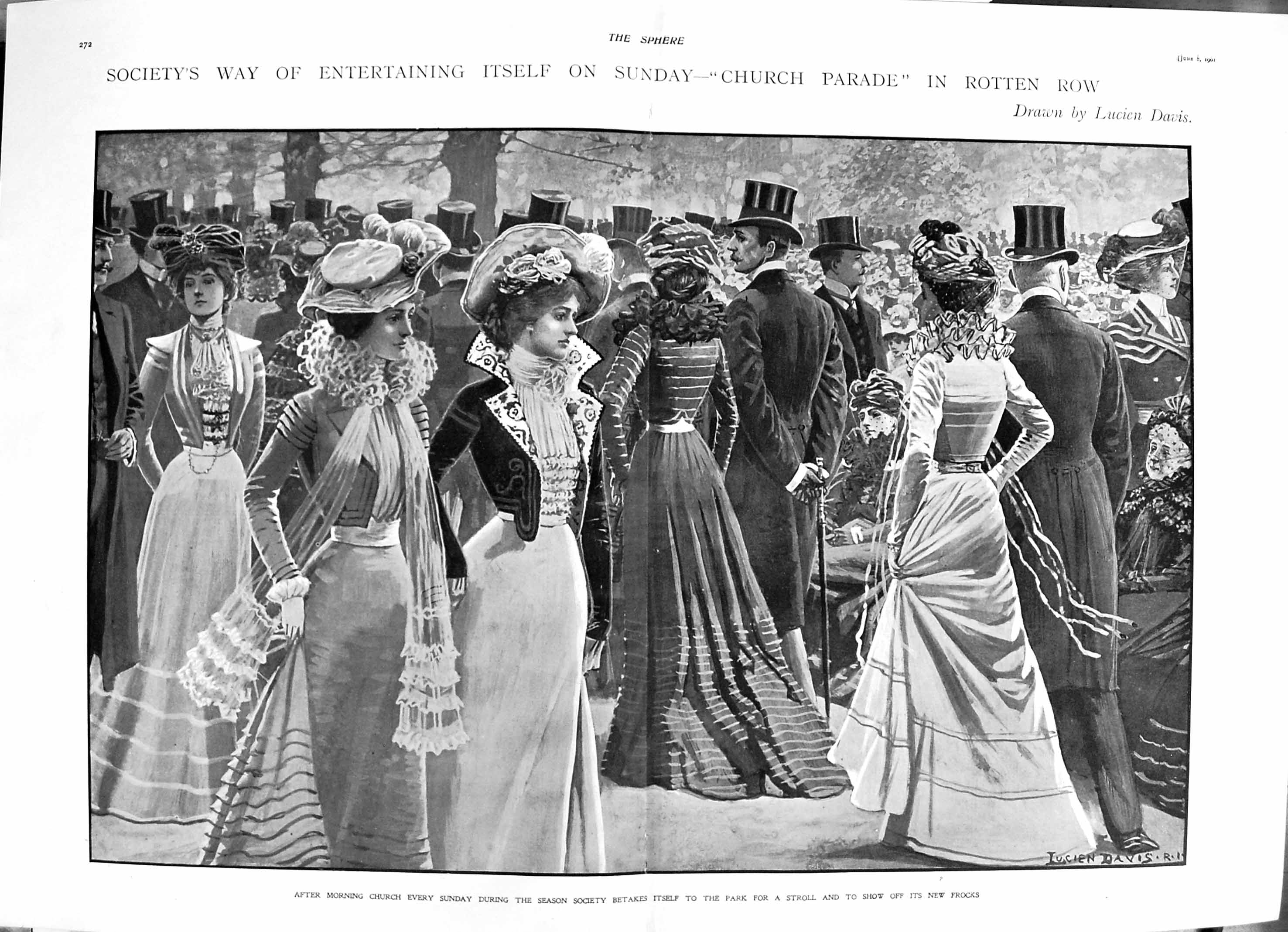 Old Antique Print 1901 Royal Academy Art Sunday Church Parade Rotten Row 20th