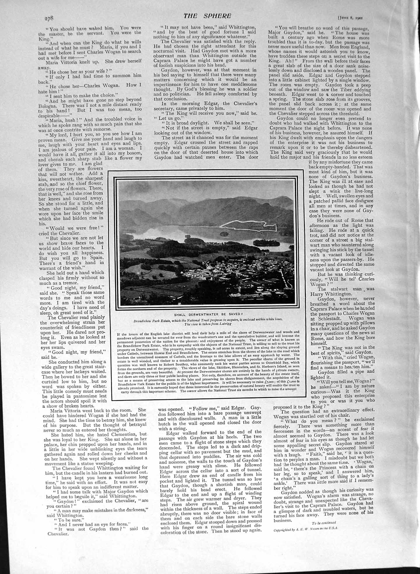Old Antique Print 1901 Branlehow Park Estate Lake District Derwentwater 20th