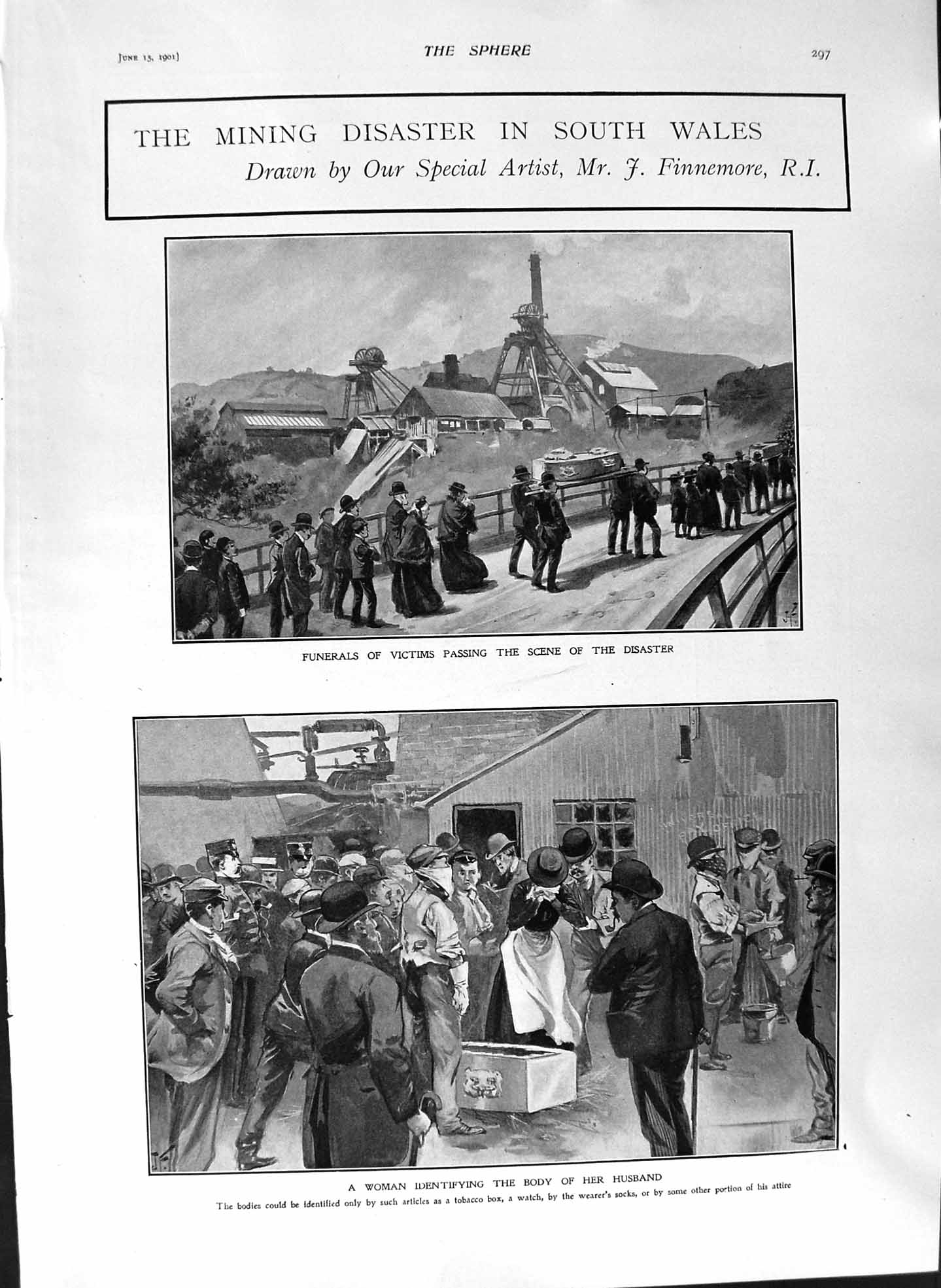 Original Old Antique Print 1901 Mining Disaster Wales Funeral Turin Duke Aosta
