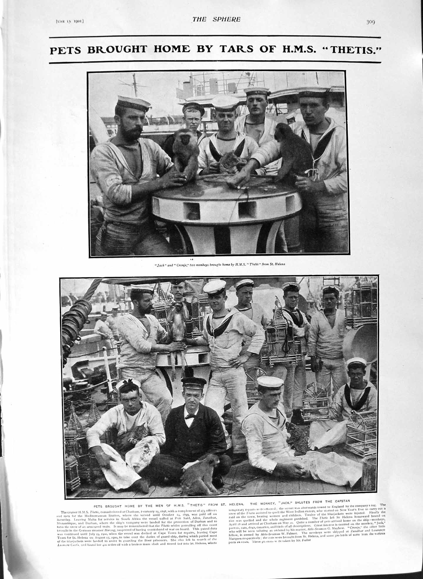 Original Old Antique Print 1901 Ship H.M.S. Thetis Monkeys Ellen Terry Theatre