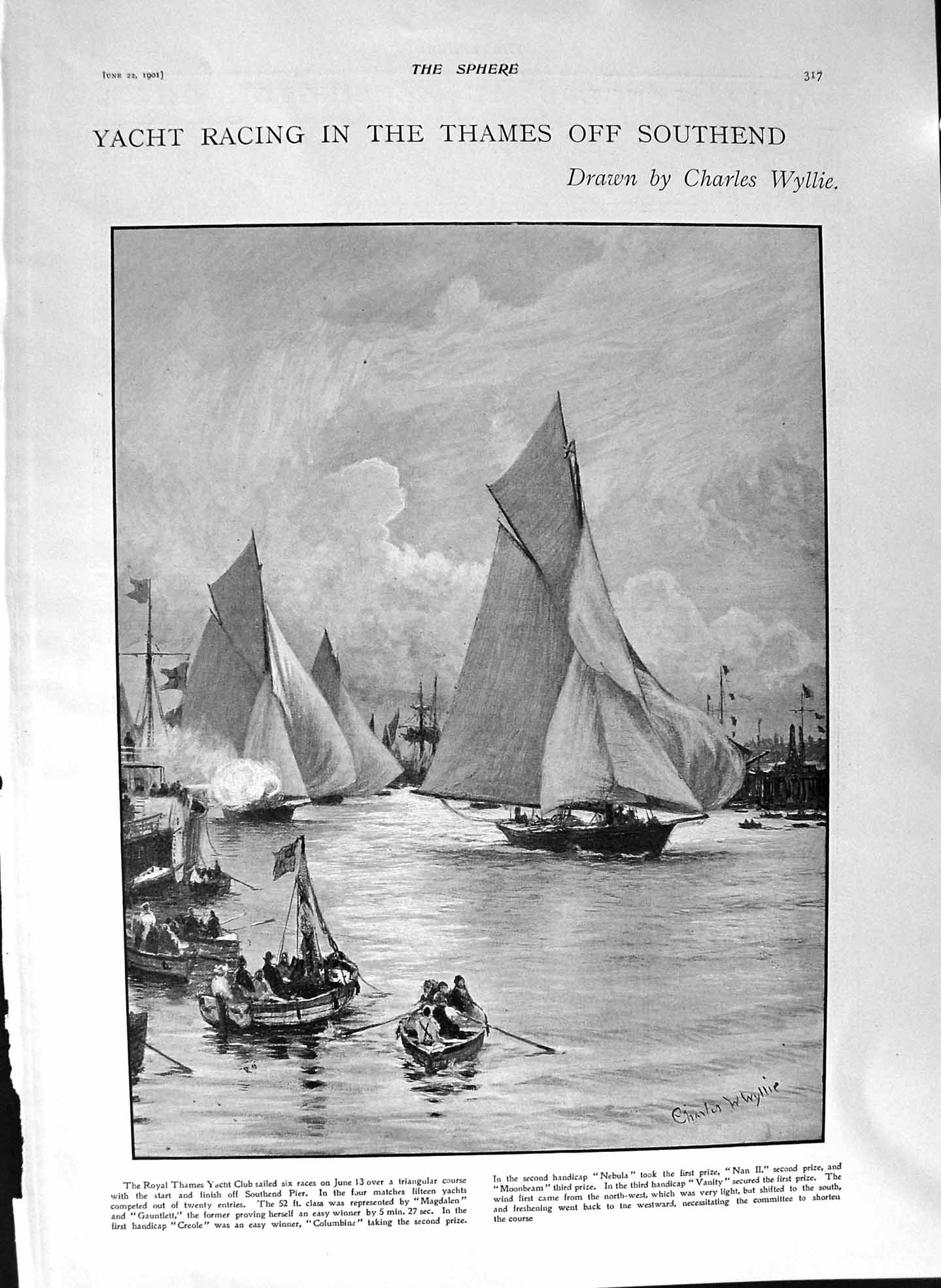 Old Antique Print 1901 Yacht Racing Thames Southend Fencing Woodford Webb 20th