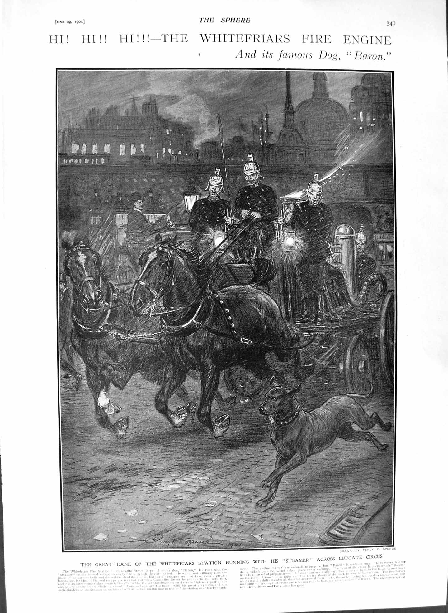 Old Antique Print 1901 Whitefriars Fire Engine Dane Dog Baron Ascot Train 20th