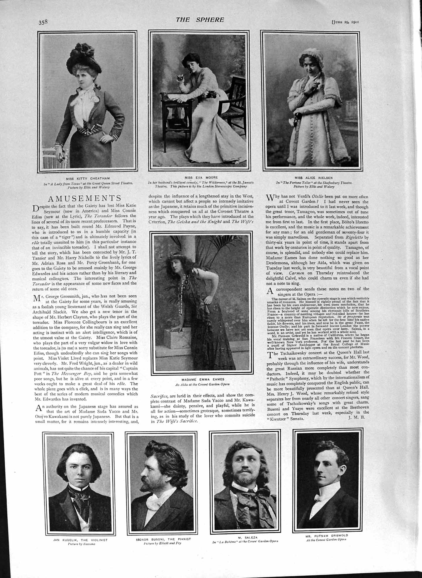 Original Old Antique Print 1901 Theatre Moore Nielsen Cheatham Kubelik Busoni