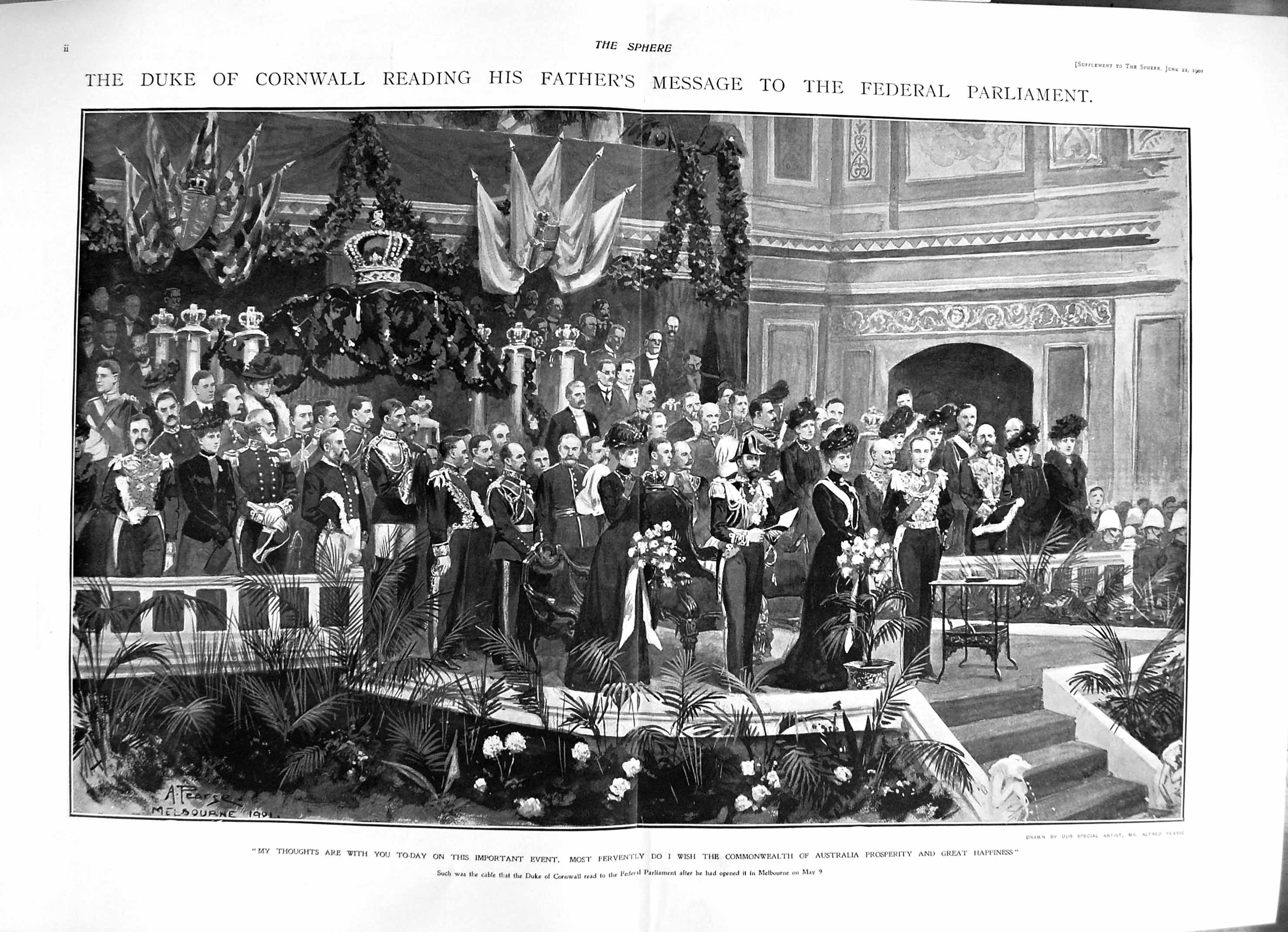 Original Old Antique Print 1901 Duke Cornwall Australia Federal Parlaiment