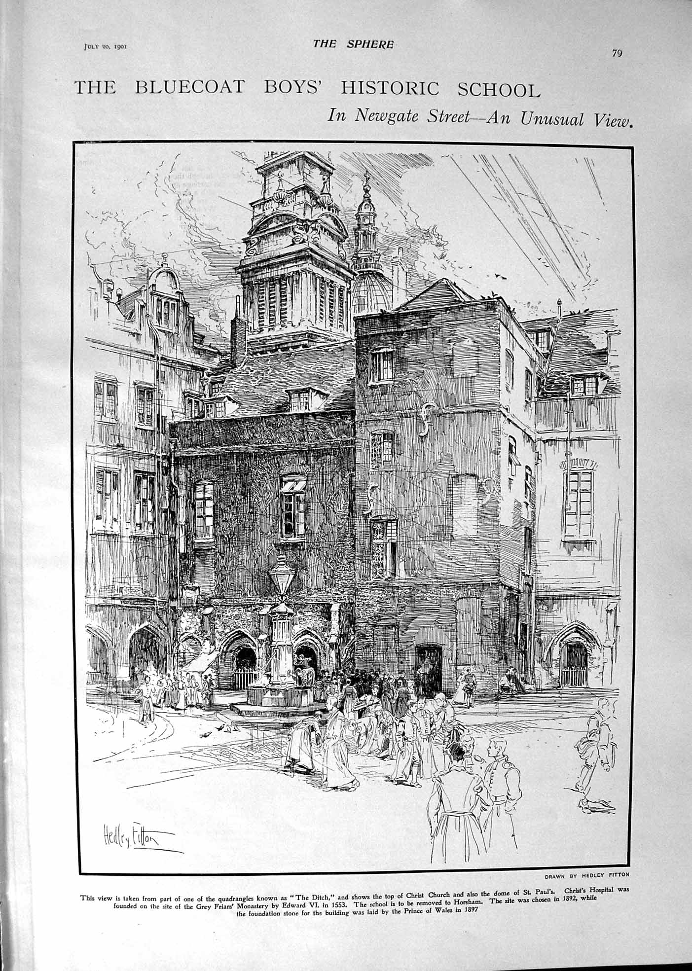 Old 1901 Bluecoat Boys Historic School Newgate Street Christ'S Hospit Victorian