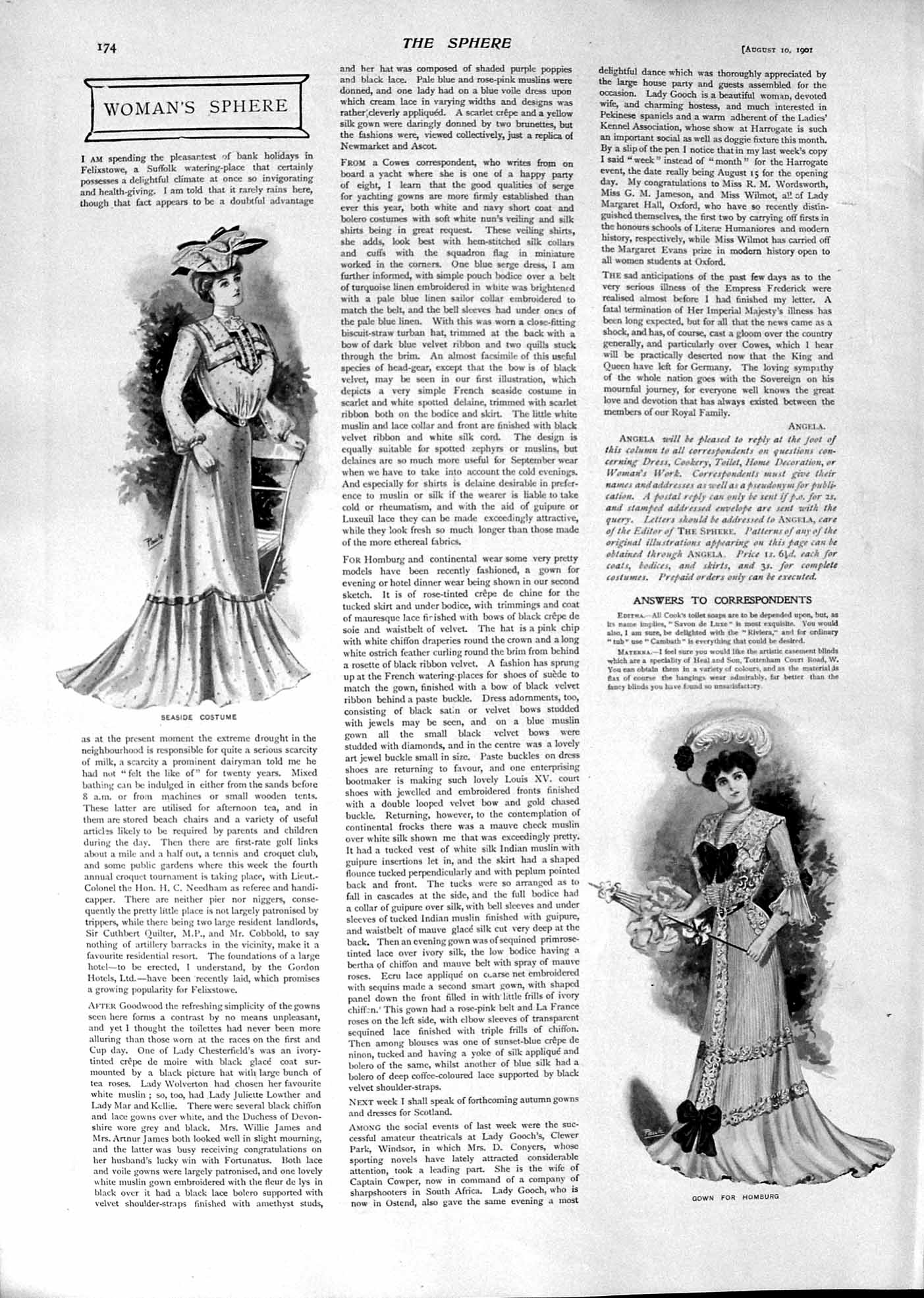 Antique Old Print 1901 Ladies Fashion Seaside Costume Gown Homburg Dresses 20th