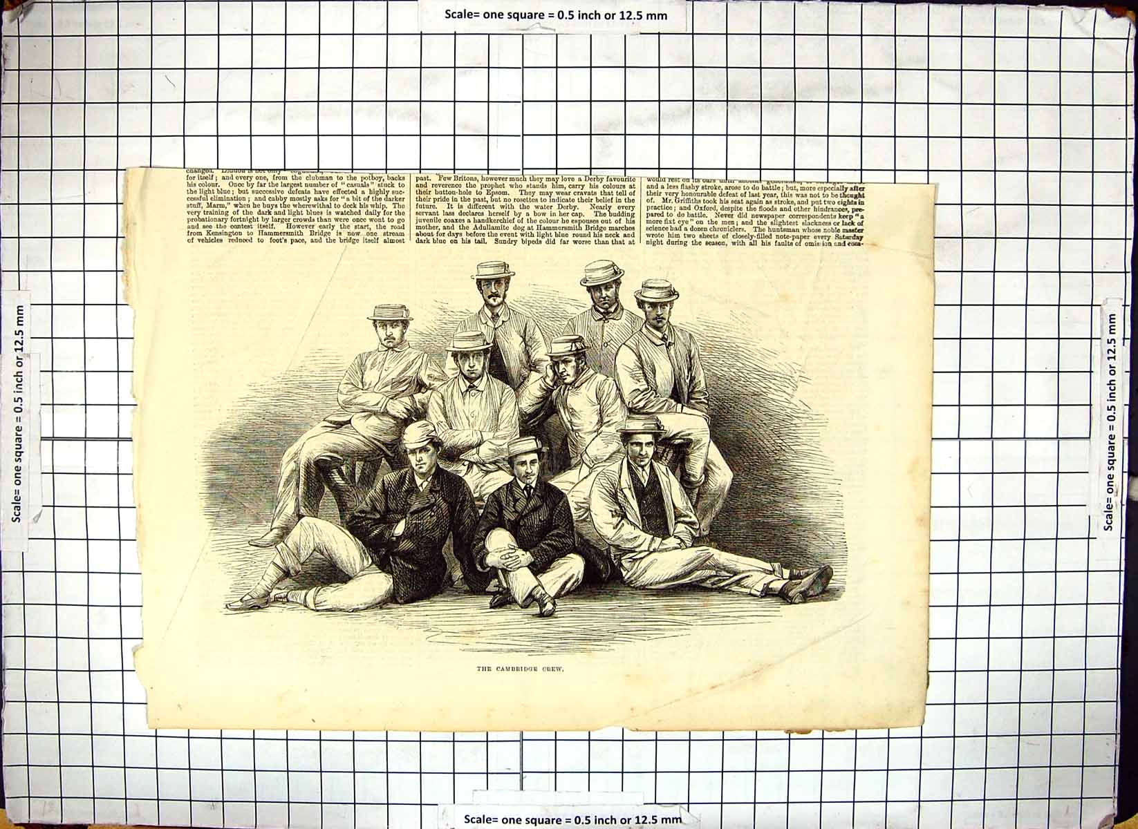 Original Old Antique Print Cambridge University Boat Race Crew Sport