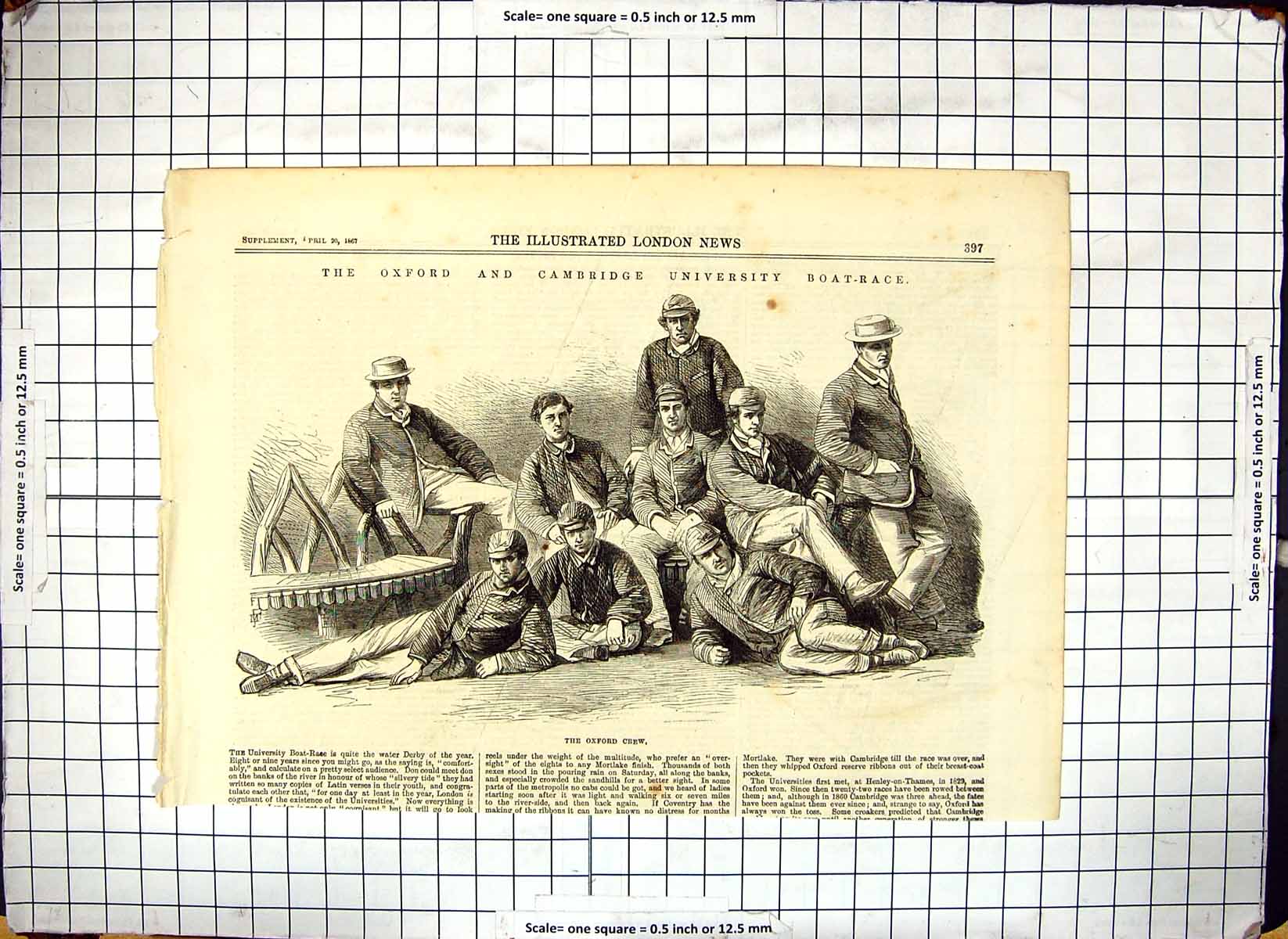 Original Old Antique Print Oxford University Boat Race Crew Sport 1867 19th