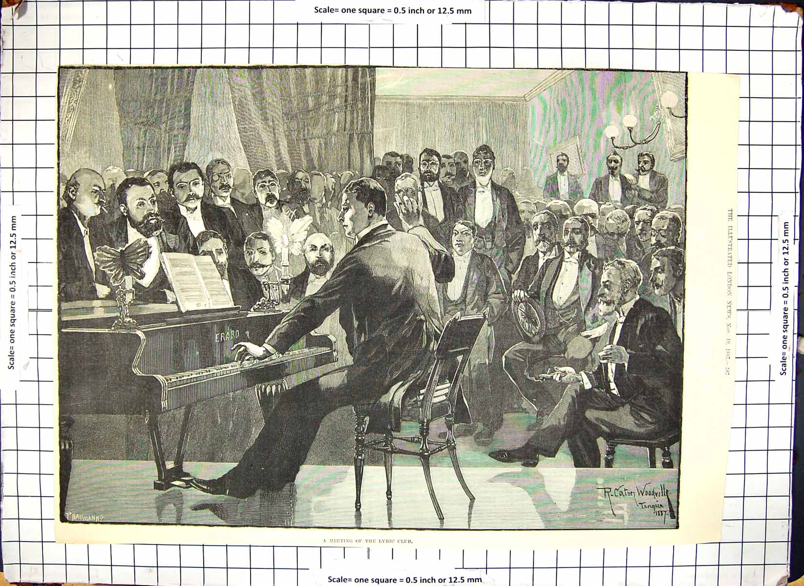Original Old Antique Print Lyric Club Meeting Piano Man Music Woodville 1887