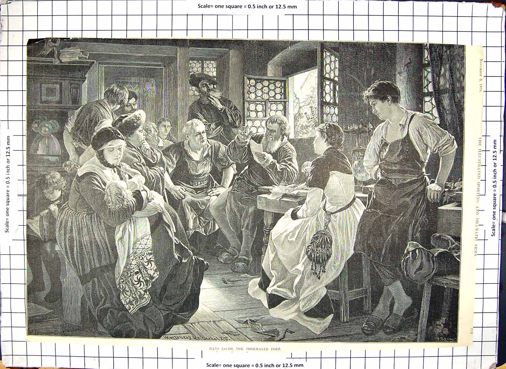 Original Old Antique Print Shoemaker Poet Hans Sachs 1894 Women Children Men