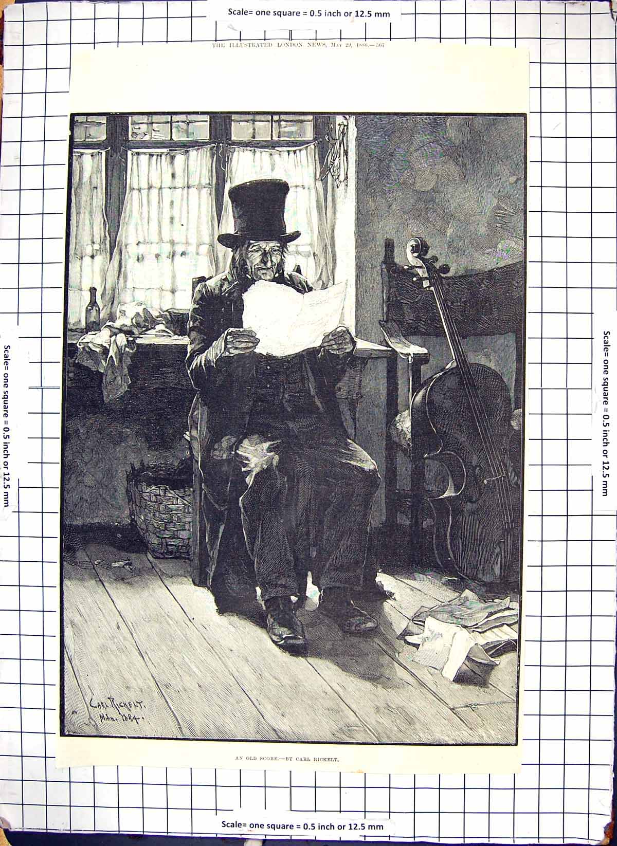 Original Old Antique Print 1886 Man Reading Paper Musical Instrument Rickelt