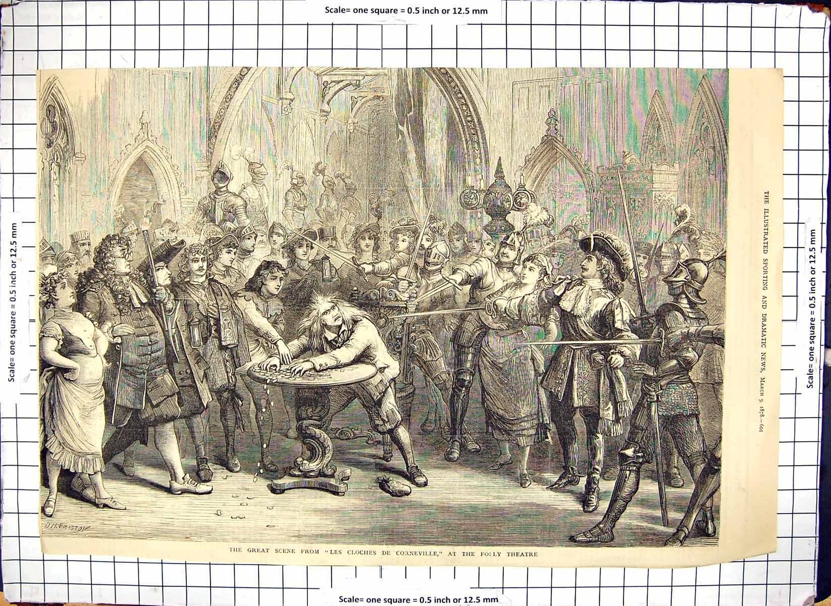 Old Antique Print 1878 Scene Les Cloches Corn Eville Folly Theatre Actors 19th