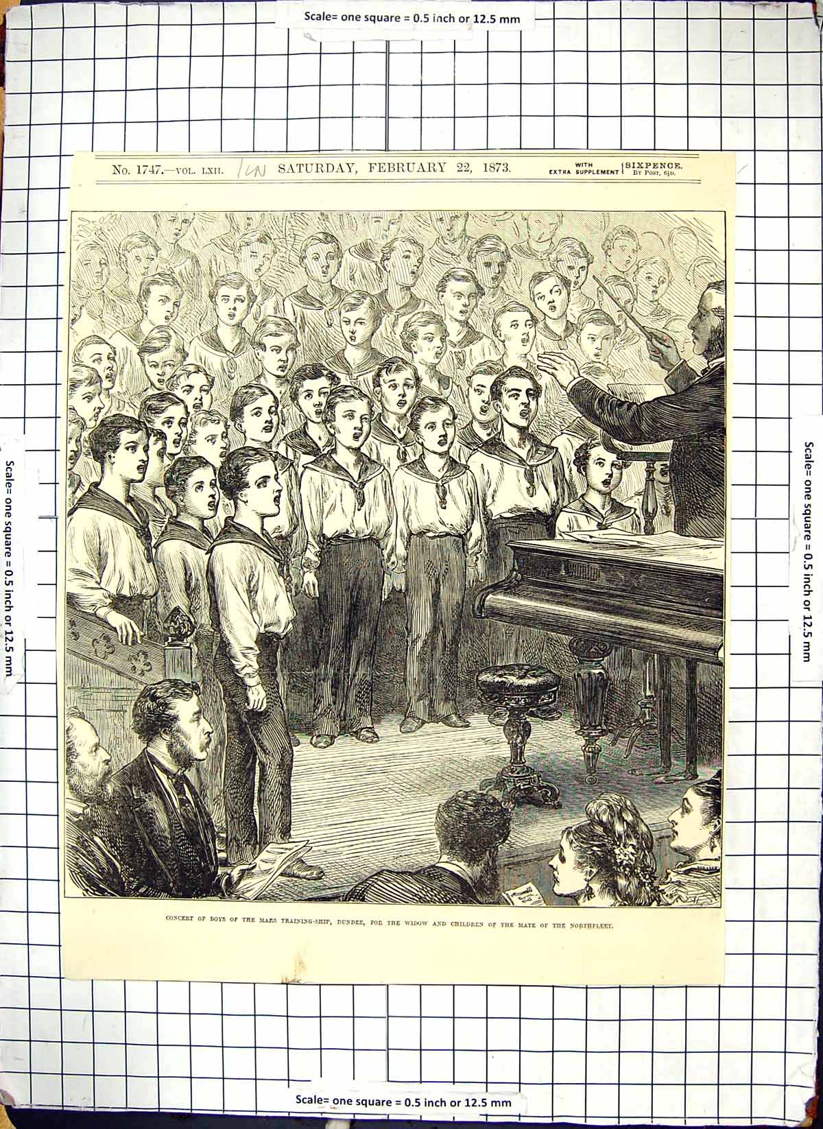 Antique Old Print 1873 Mars Training Ship Boys Concert Piano Music Northfleet