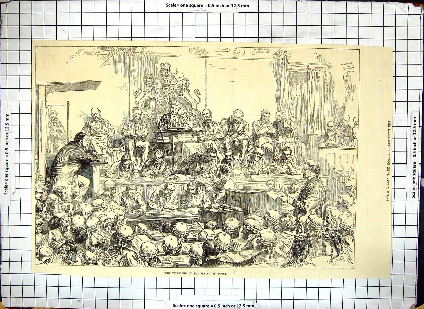 Original Old Antique Print 1871 Tichborne Trial Court Sketch Judges Audience